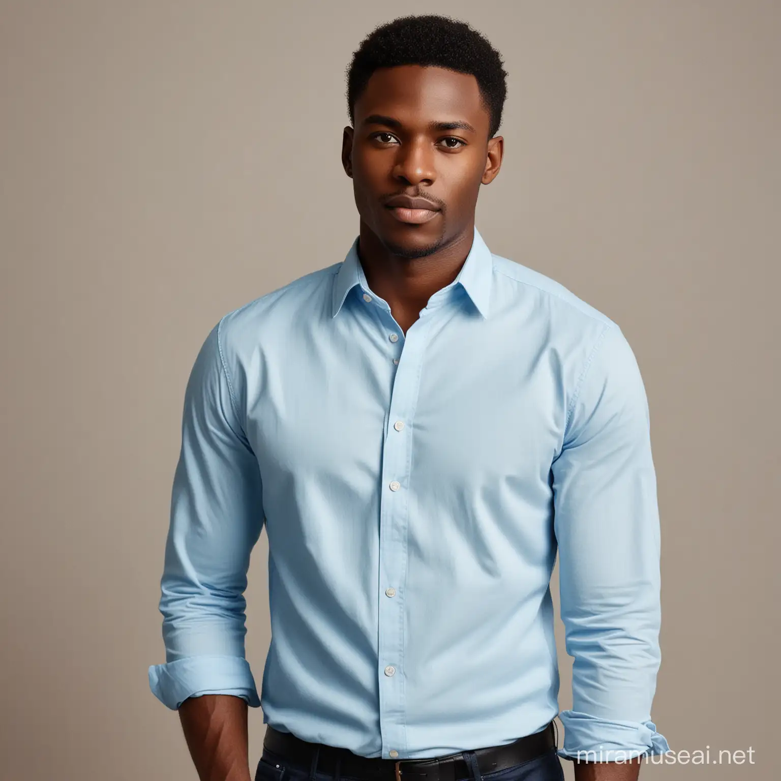 black man in light blue shirt