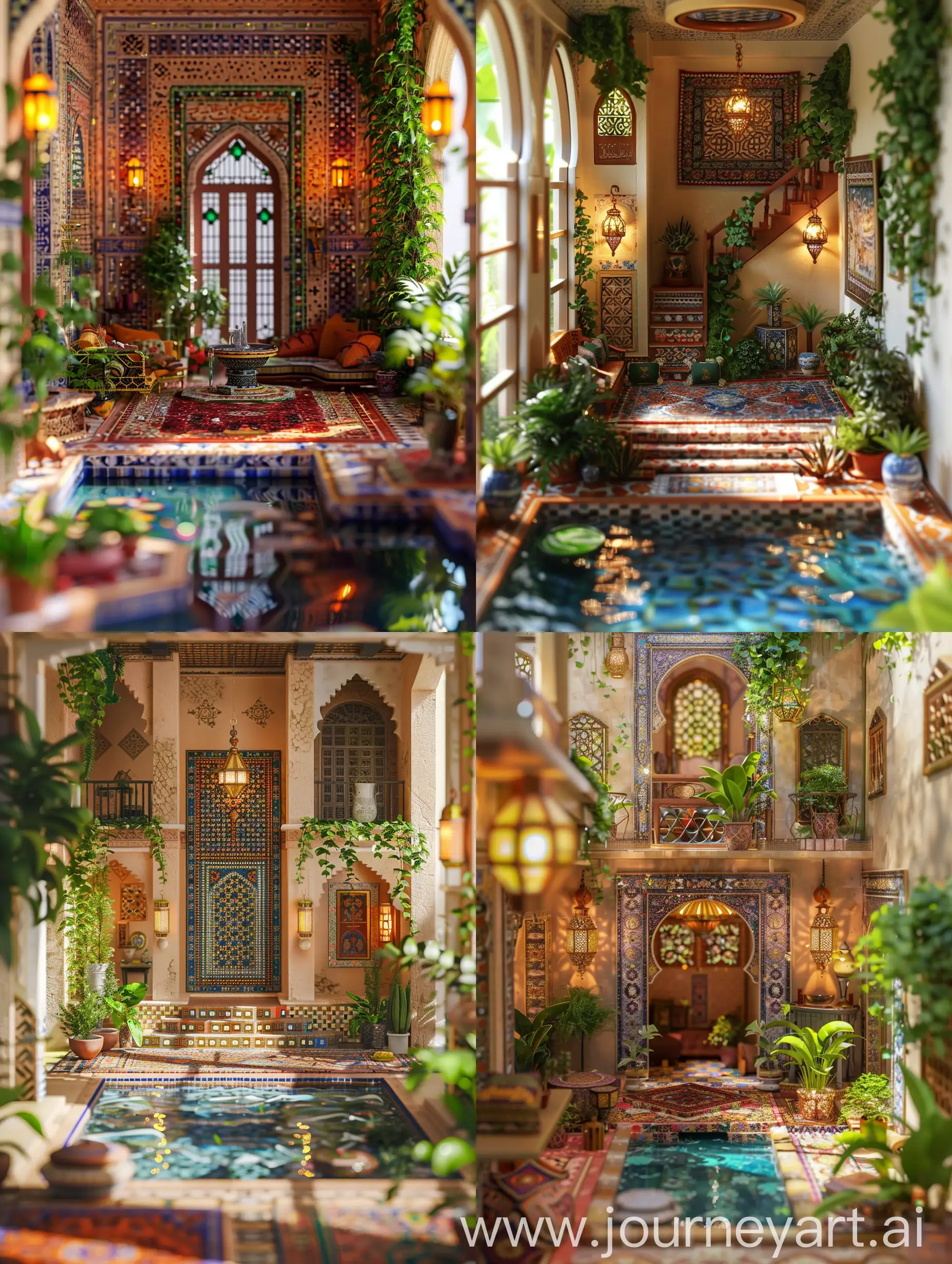  Miniature scene, interior of an Arab-style duplex house Miniature scene, Arab-style elements, furnishings, tiles and mosaics, carpets, water elements, green plants, wall lamps, geometric patterns, rich colors, spatial artistry, visual depth, luxury, exquisite texture, aesthetic mood, sunlight pouring in, dreamlike, visual aesthetics, ultimate light and shadow effects, light space art, extremely rich details, Arabian style interior decoration Miniature scenes Miniature scenes Masterpieces 