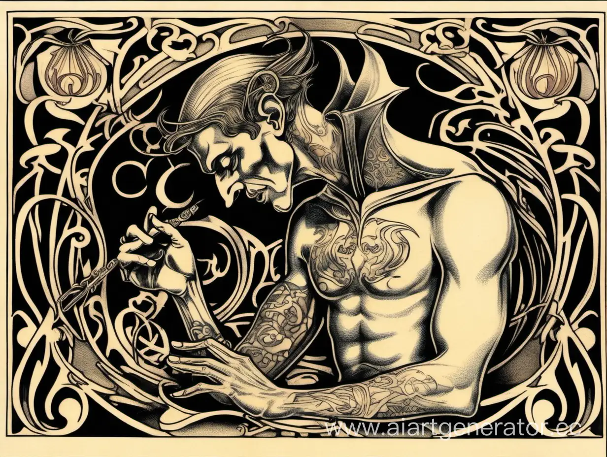 Art-Nouveau-Illustration-Mephistopheles-Tattooing-a-Person-from-Faust