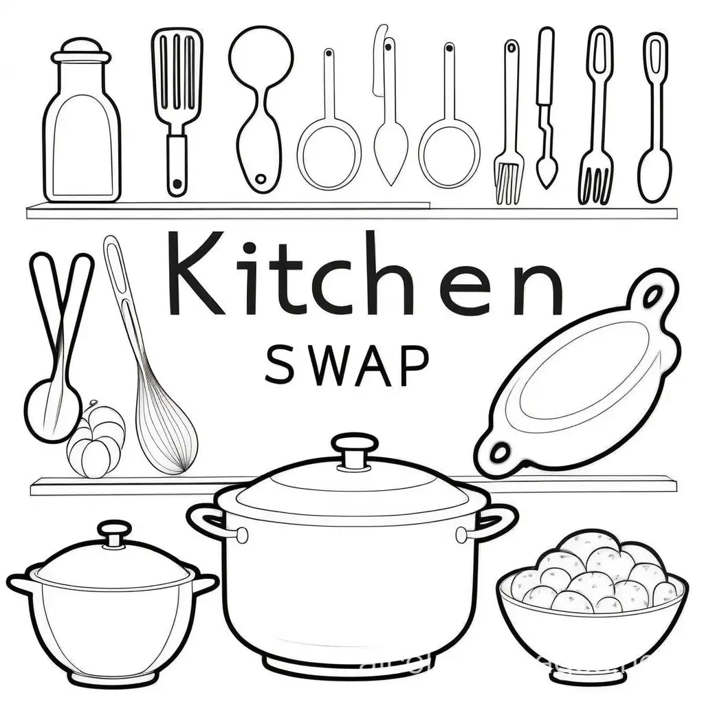 the word Kitchen swaps, Coloring Page, black and white, line art, white background, Simplicity, Ample White Space. The background of the coloring page is plain white to make it easy for young children to color within the lines. The outlines of all the subjects are easy to distinguish, making it simple for kids to color without too much difficulty