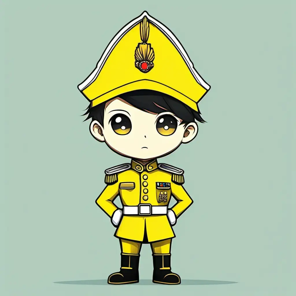 in cartoon anime chibi style, a little toy soldier that is very brave and proud. He wears a bright yellow uniform and stands tall,  he only has one leg. 