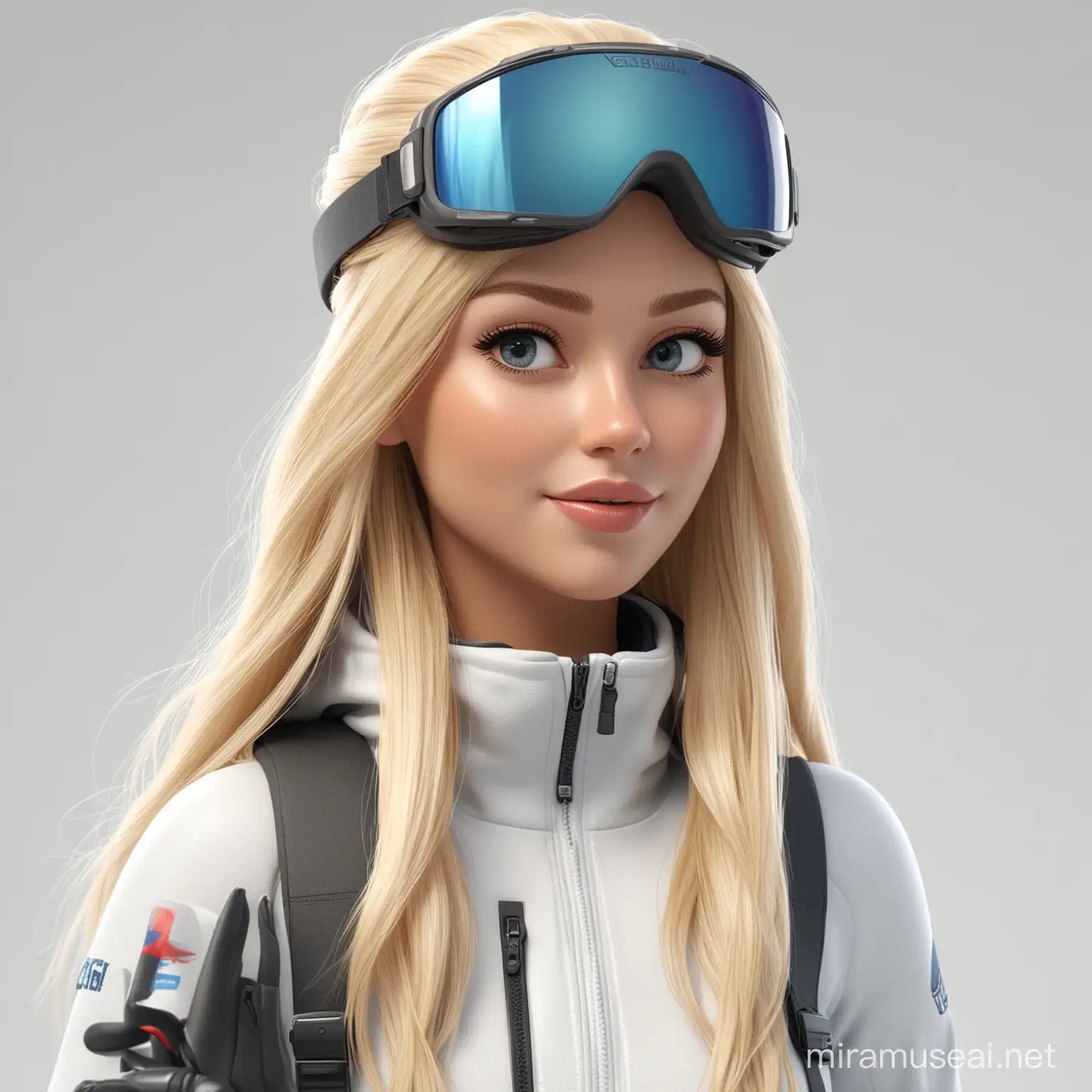 “A cool blond long haired women as a ski instructor 3d cartoon character with white background captured by an R8 8K HD result more realistic detail of depth, blender, cycle render