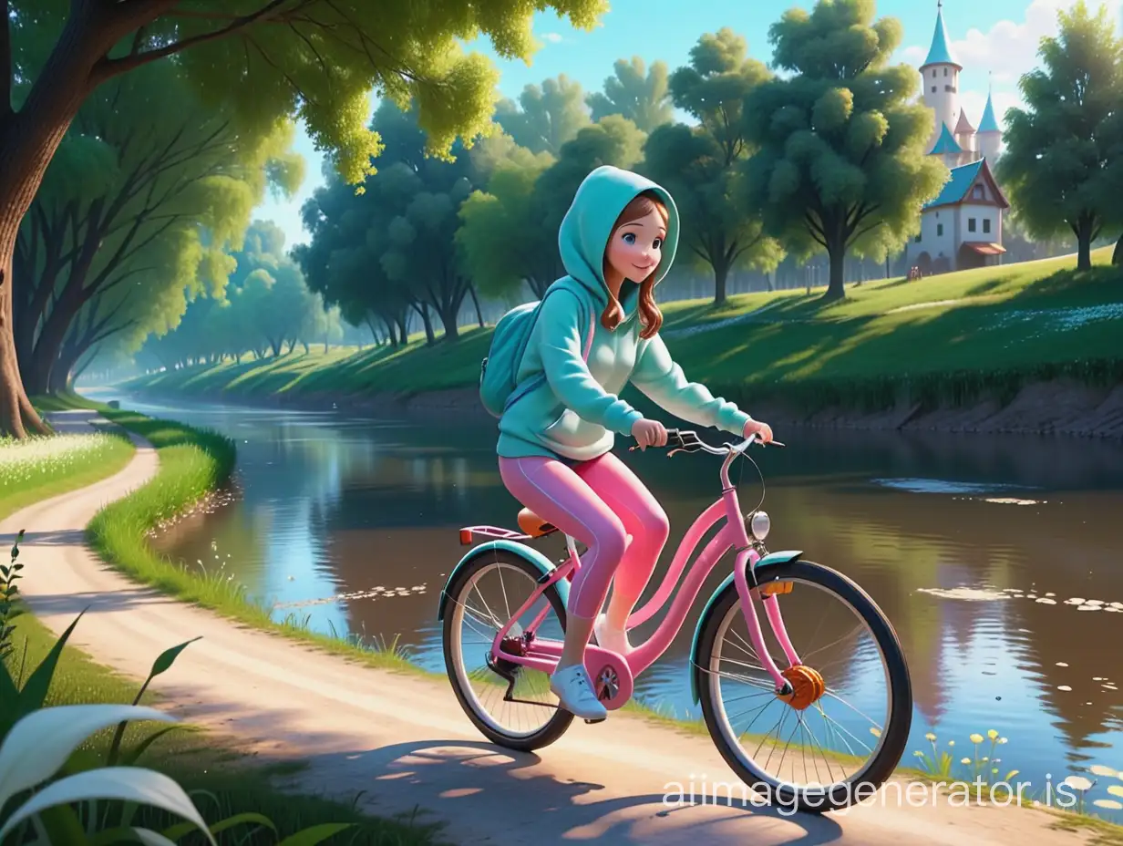 drawn bright animation character a girl in a hoodie on a bicycle rides along the bank of a fairy-tale river made of milk 3d animation