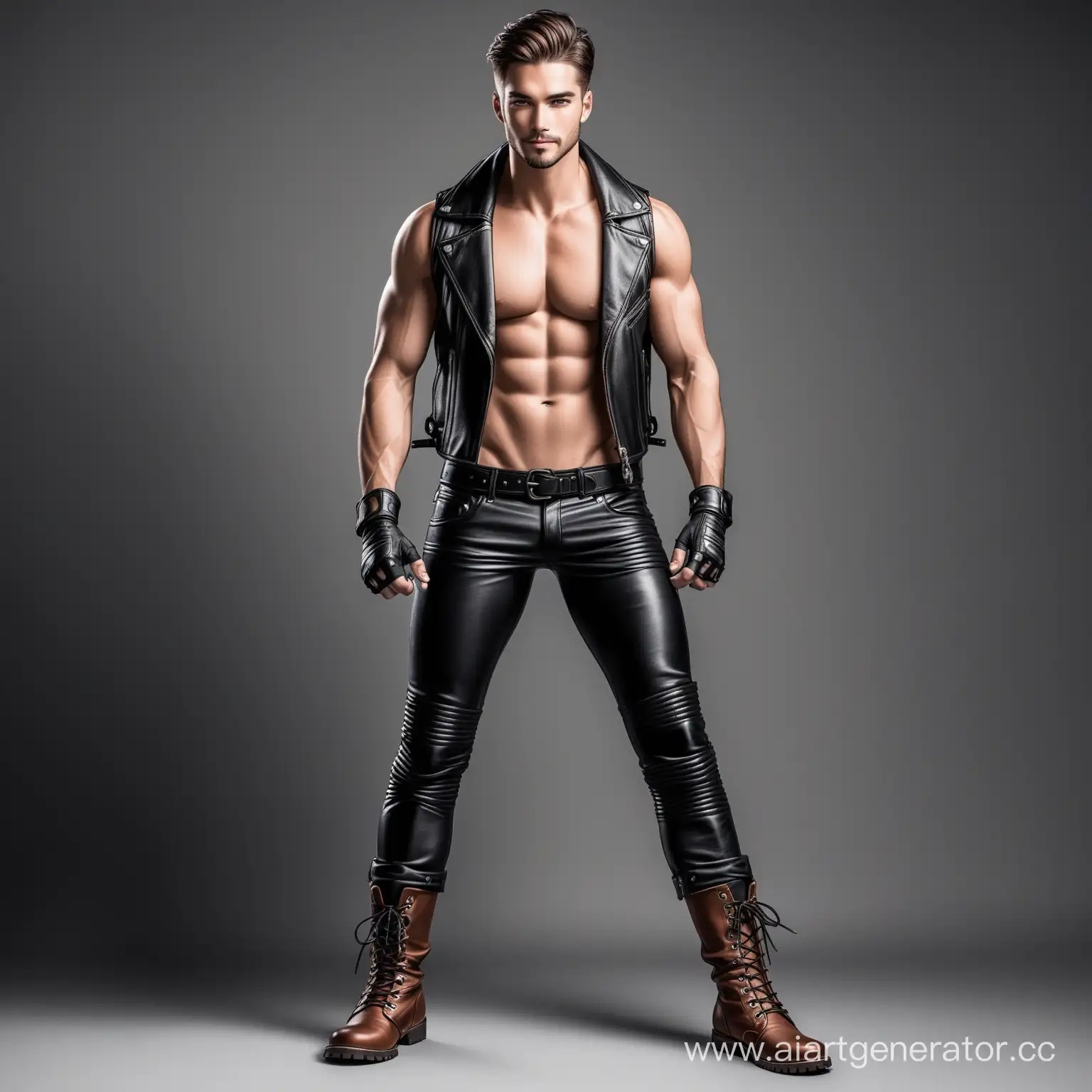 full body, handsome man, shirtless in leather vest, fingerless gloves, leather boots