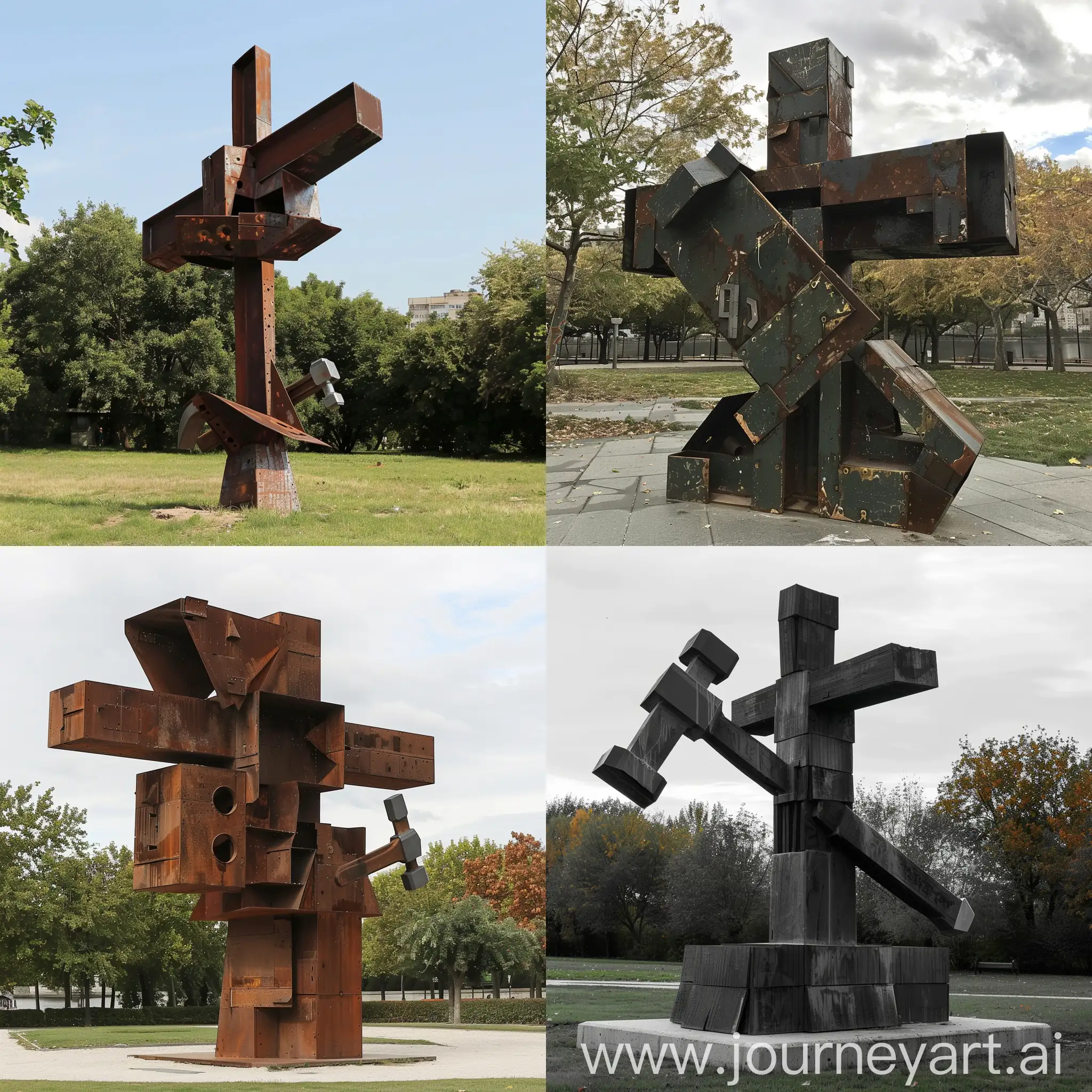 escultura urbana deconstruida basada en una cruz y un martillo, que será emplazada en un parque y que sea un hito