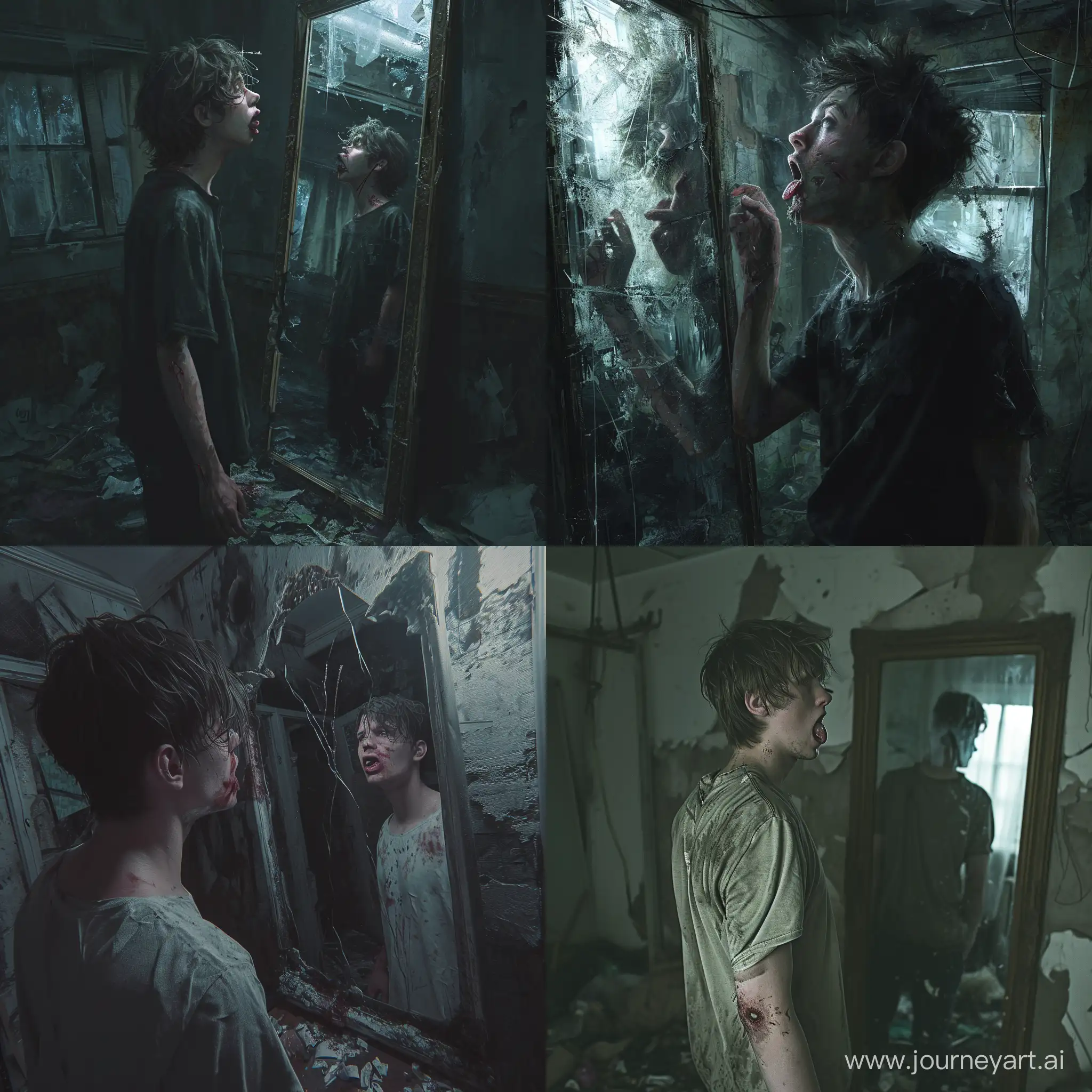 The young exhausted guy is standing in the very dark and messy room and looking in the mirror mirror. The room looks like location from "Silent Hill" videogame. He is trying to spot cuts on his tongue.