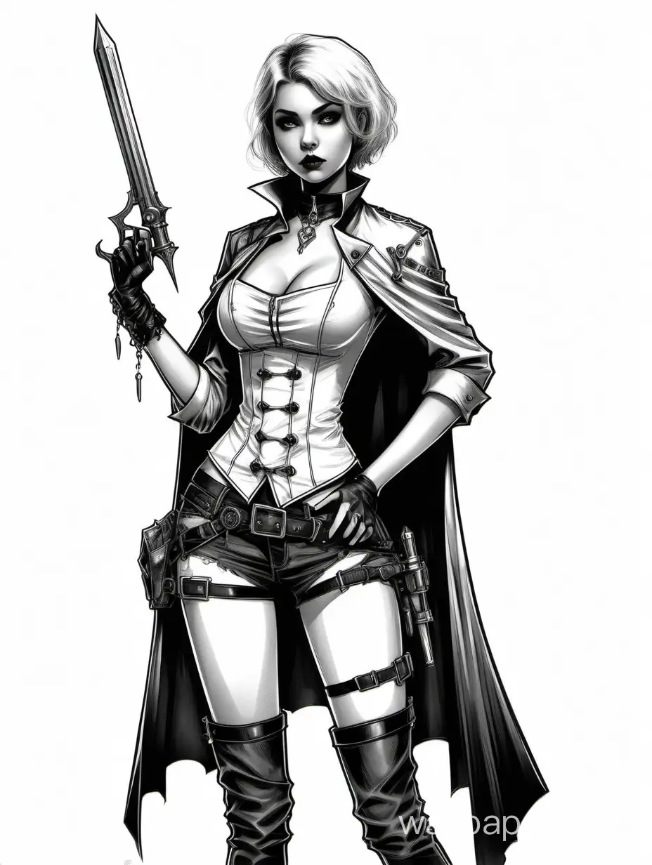 young vampire hunter girl, 22 years old, light short hair, chest size 4, narrow waist, wide hips, short-sleeved shirt with metal overlays, thong with iron inserts, cape on the left shoulder, weapon, black and white sketch, white background, steampunk style