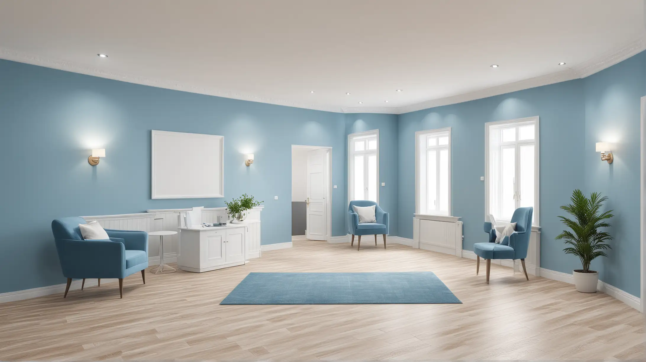 Elderly Care Home Reception Area Presentation Set in Serene Whites and Blues