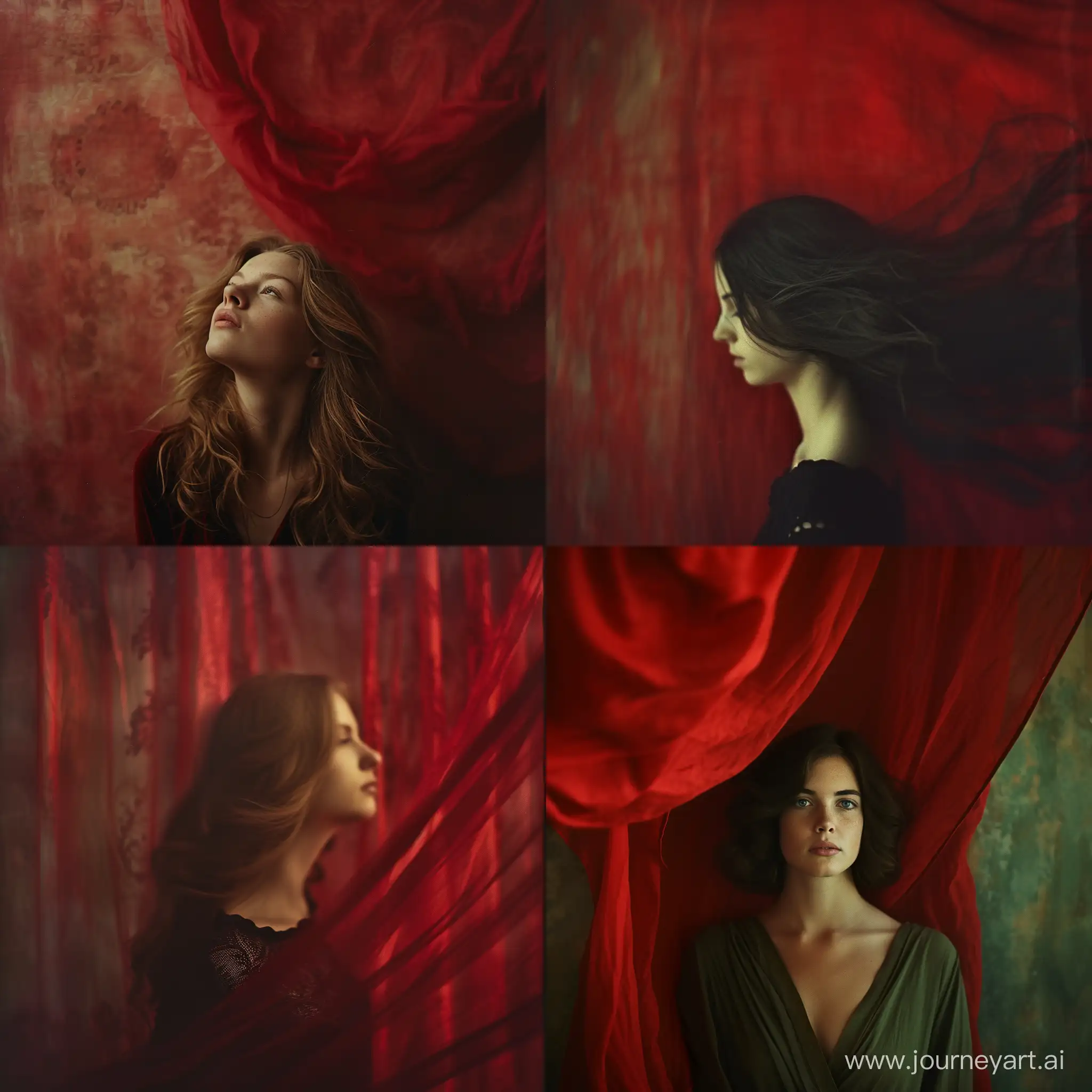 photographic portrait of a 40 years old, German woman, vivid eye contact, wavy hair, standing against an earth-colored wall with a red drape hanging from the ceiling, summer light, shot with Kodak Portra 160::2 by Tami Bone::3