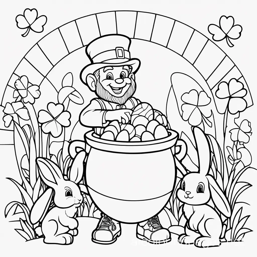 a leprechaun at an easter egg hunt in ireland.
four leaf clovers
rainbow pot of gold
easter bunny



, Coloring Page, black and white, line art, white background, Simplicity, Ample White Space. The background of the coloring page is plain white to make it easy for young children to color within the lines. The outlines of all the subjects are easy to distinguish, making it simple for kids to color without too much difficulty