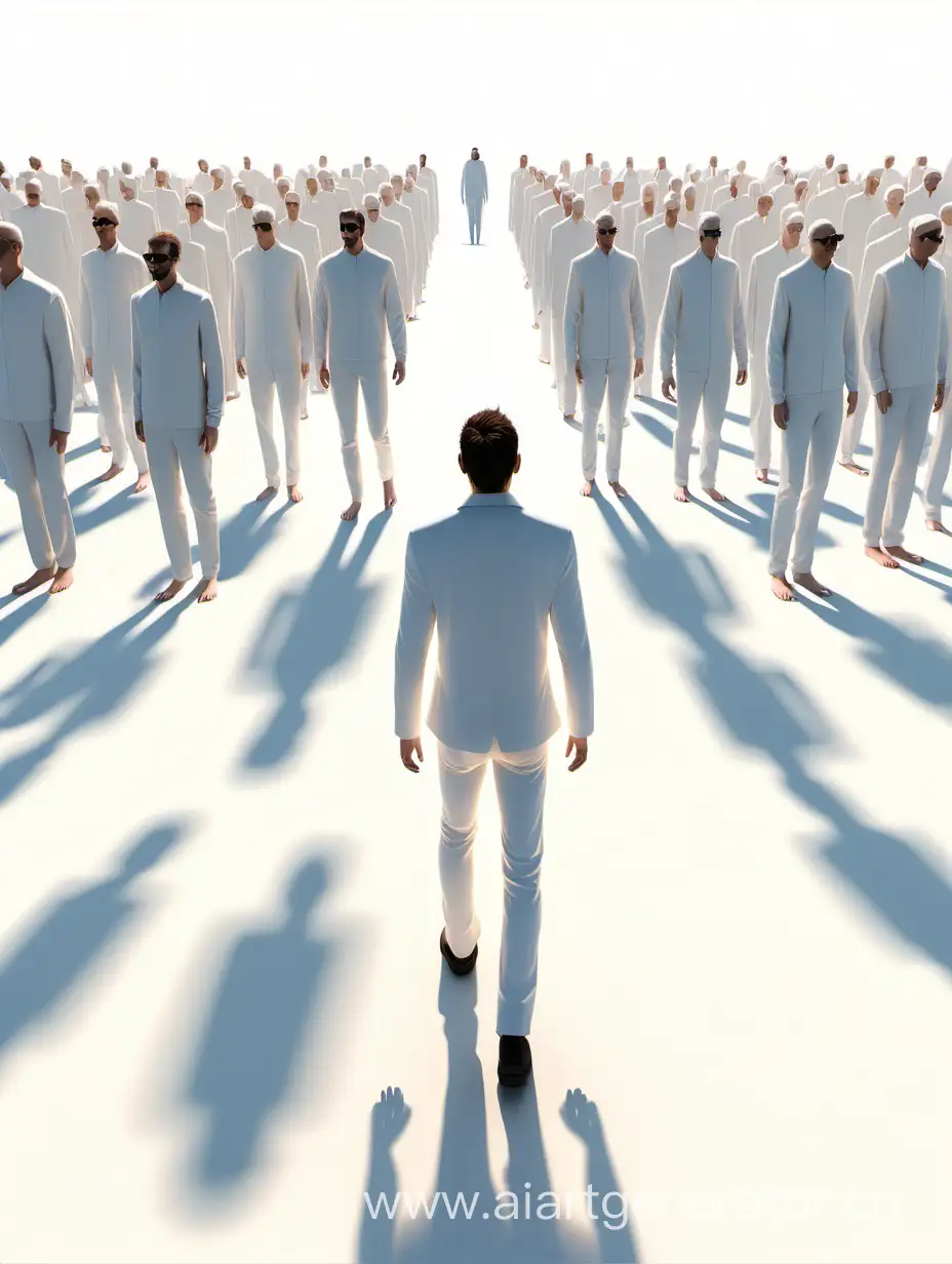 the man in the light clothes, under the sun, there are a lot of people, realistic, simple, minimalism, 3D