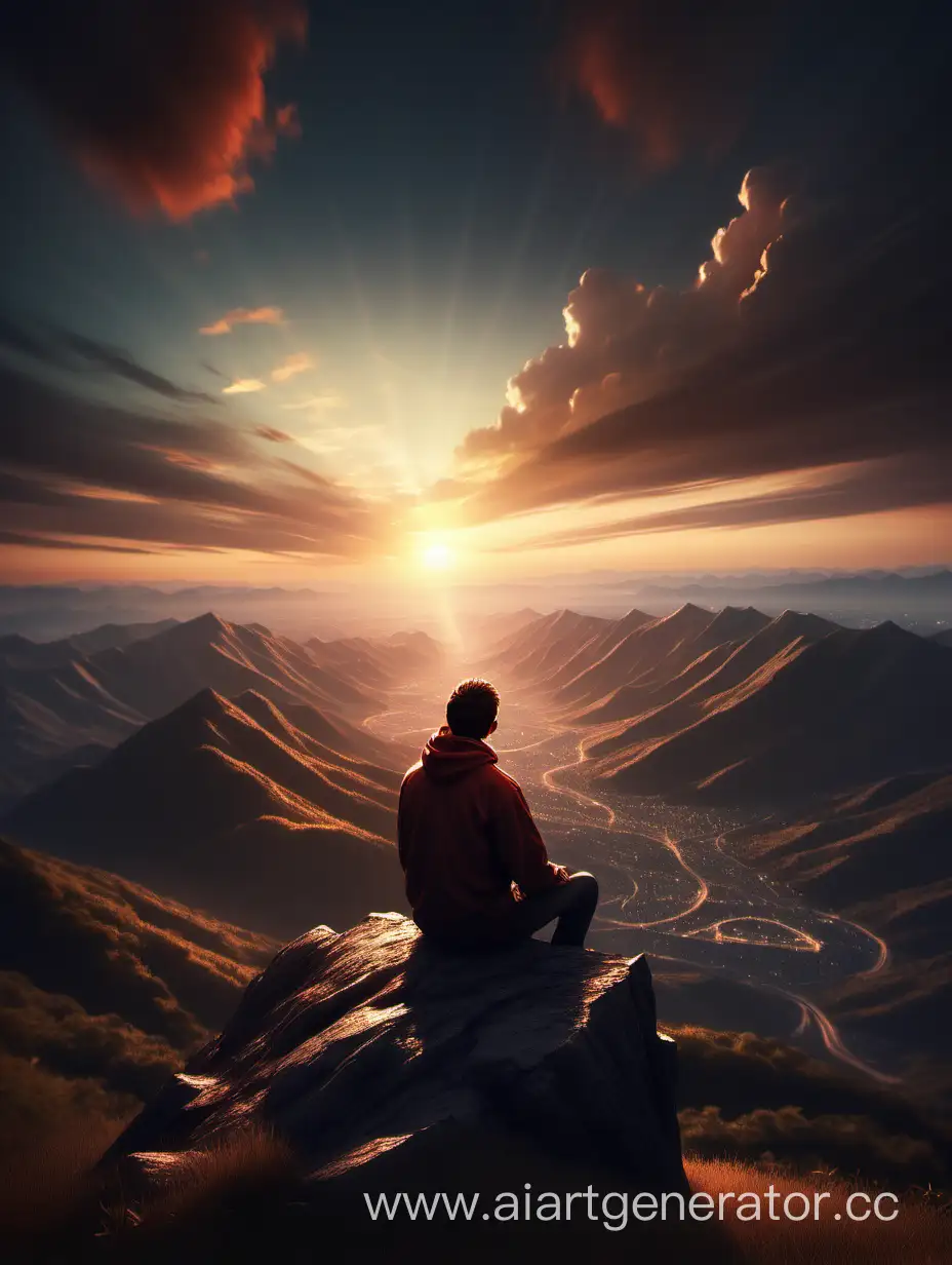фотографически реалистичное изображение, человек сидит на вершине горы, закат, и размышляет о вечном