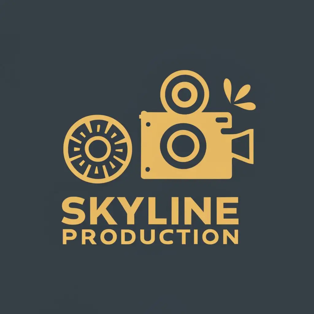 logo, combination of camera and reel in golden and black and letters, with the text "Skyline production", typography, be used in Entertainment industry
