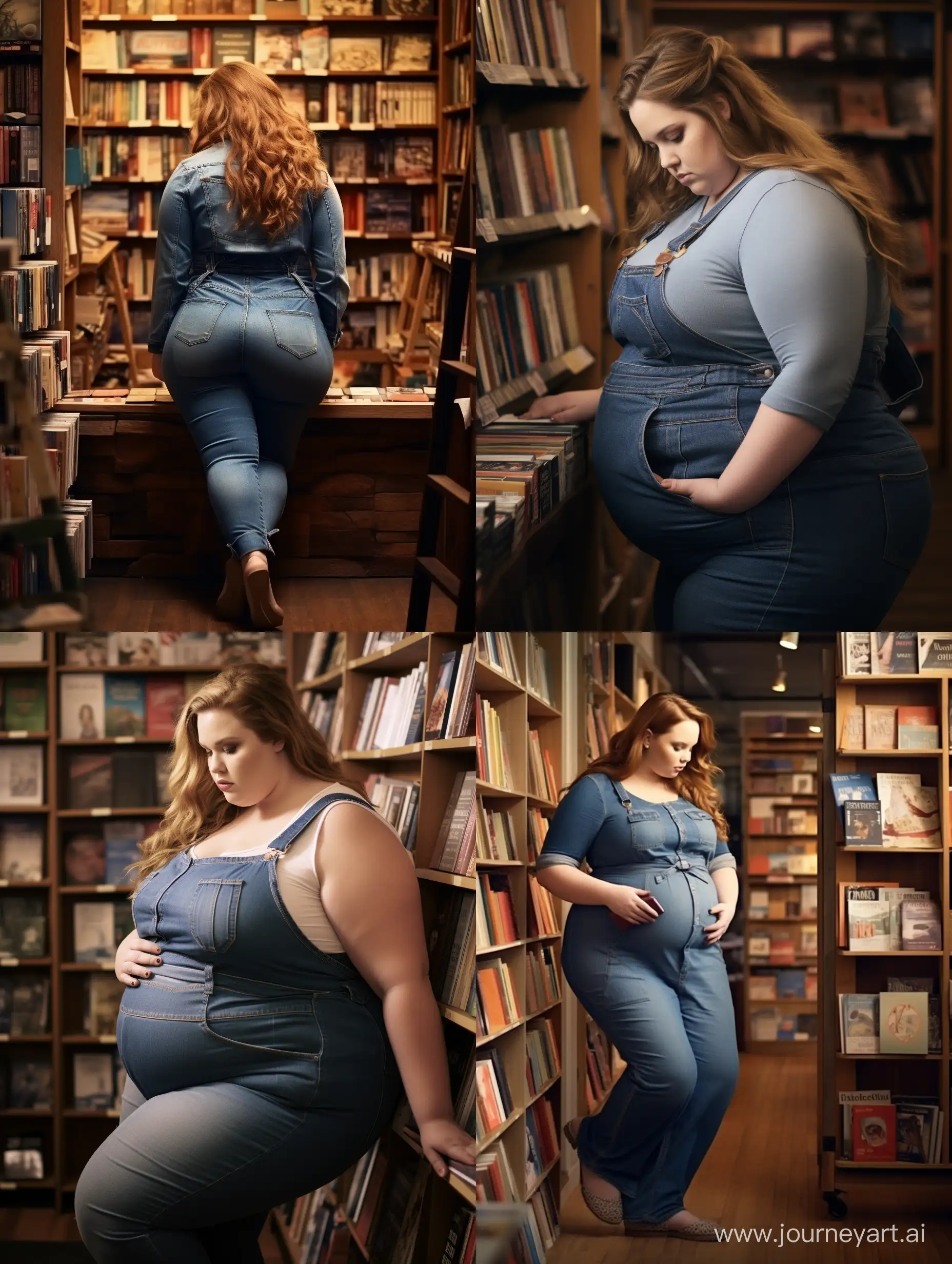 High quality photo. Book store setting. Pregnant Obese woman with a huge massive Disproportionately enormous belly. She wears denim dungarees. Hand on back. She is looking at books.
