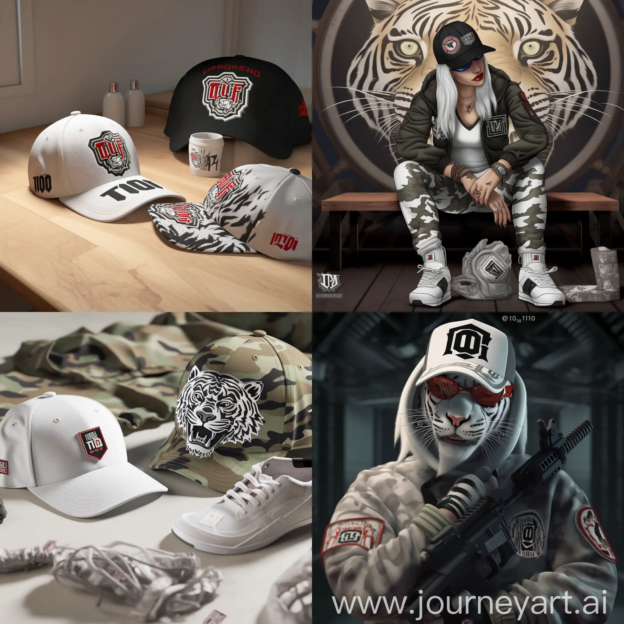Render a 3D Pixar-style depiction of a robust ghetto/gangster white tiger adorned in an I.O.T logo baseball cap and white tiger camo army attire, featuring a British flag patch on the arm and a name chain emblazoned with "T1G3R689". Positioned before a military tank branded with "I.O.T", the tiger exudes confidence and strength. The scene is infused with dynamic energy reminiscent of Pixar's animation style, with vibrant colors and lively textures. The tiger's expression is determined yet playful, illuminated by warm, soft lighting evoking a sense of camaraderie. --v 5 --stylize 1000