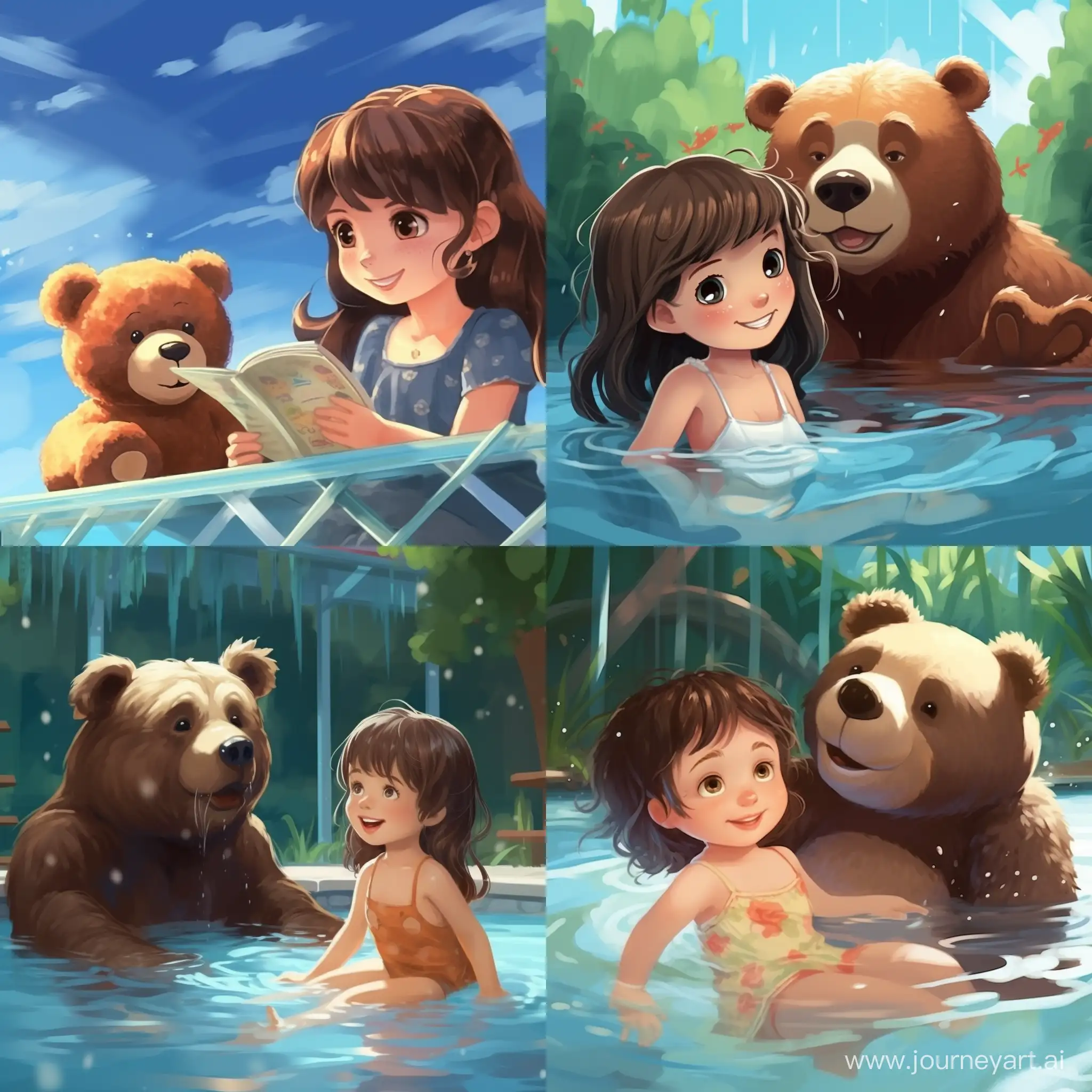children story book illustration  little girl and baby bear at the swimming pool