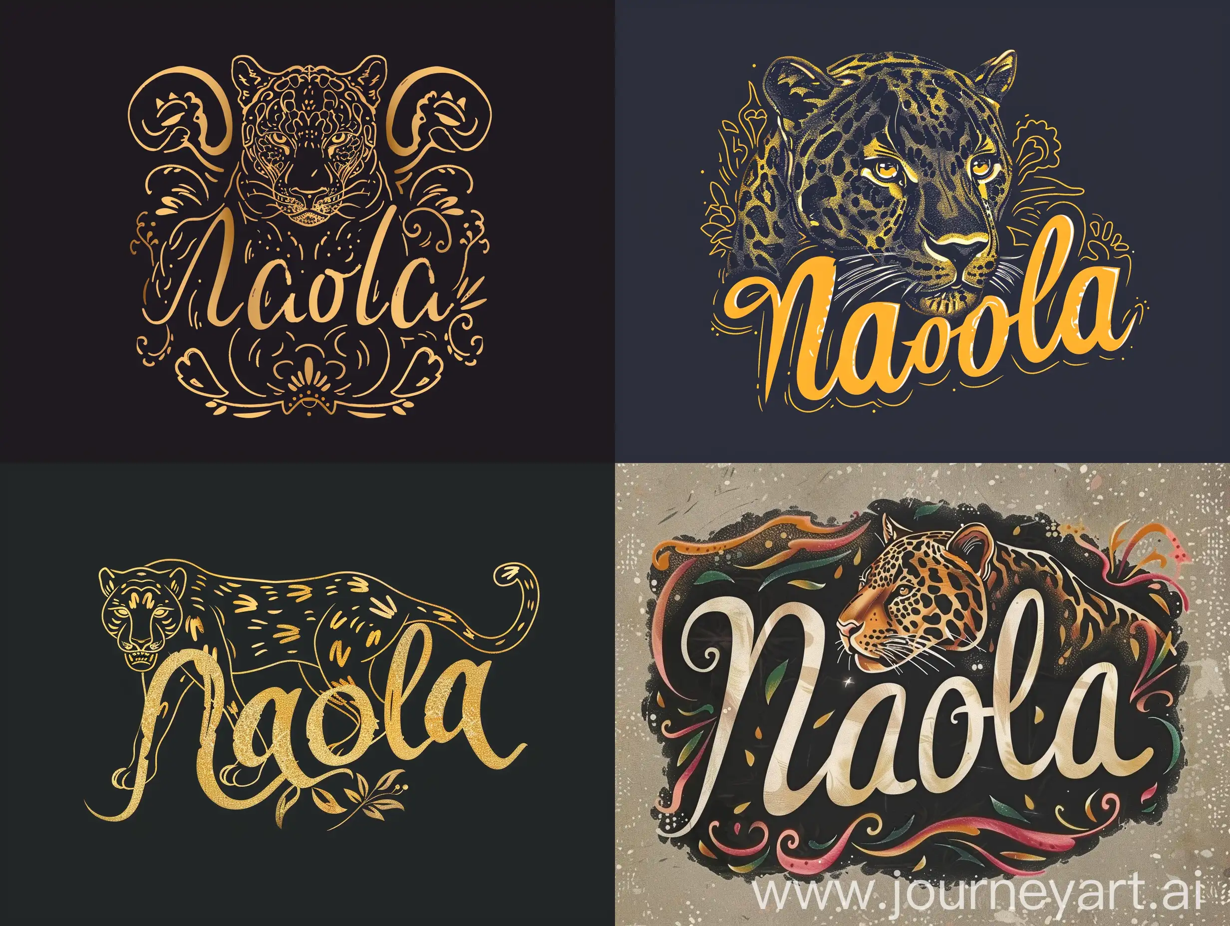 2d Calligraphic logo with a panther and the word "Naola". 8k. minimalistic