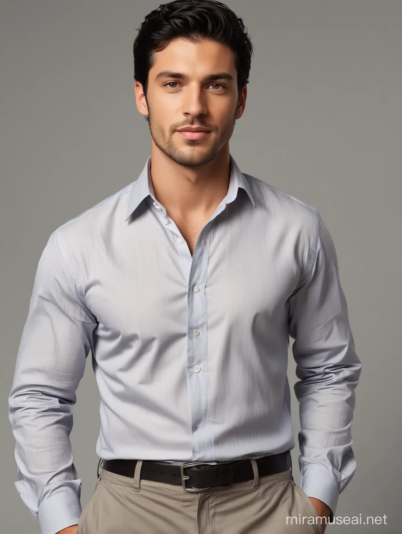 Un hombre de 30 años, de cabello negro y ojos grises, con camisa de vestir y pantalones