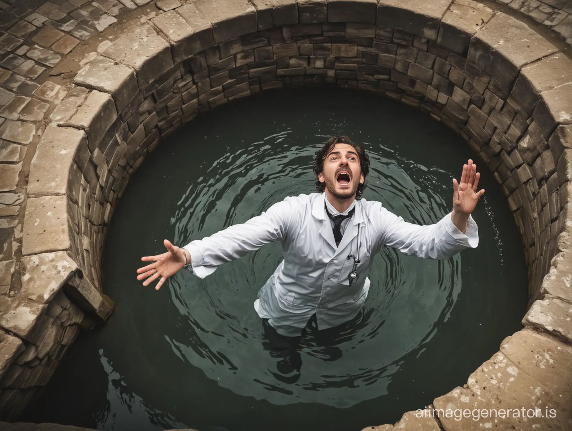 a doctor from baroque drowning into a well