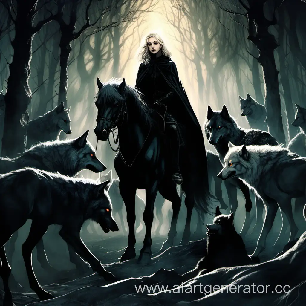 Всадник-мужчина, в черной одежде, в черной мантии, на черном коне, стоит в чаще темного леса, его окружают волки, но смотрят на девушку, со светлыми волосами, стоящую на коленях