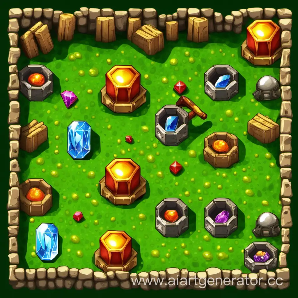 Cells of the game field with a miner, dynamite, and diamond