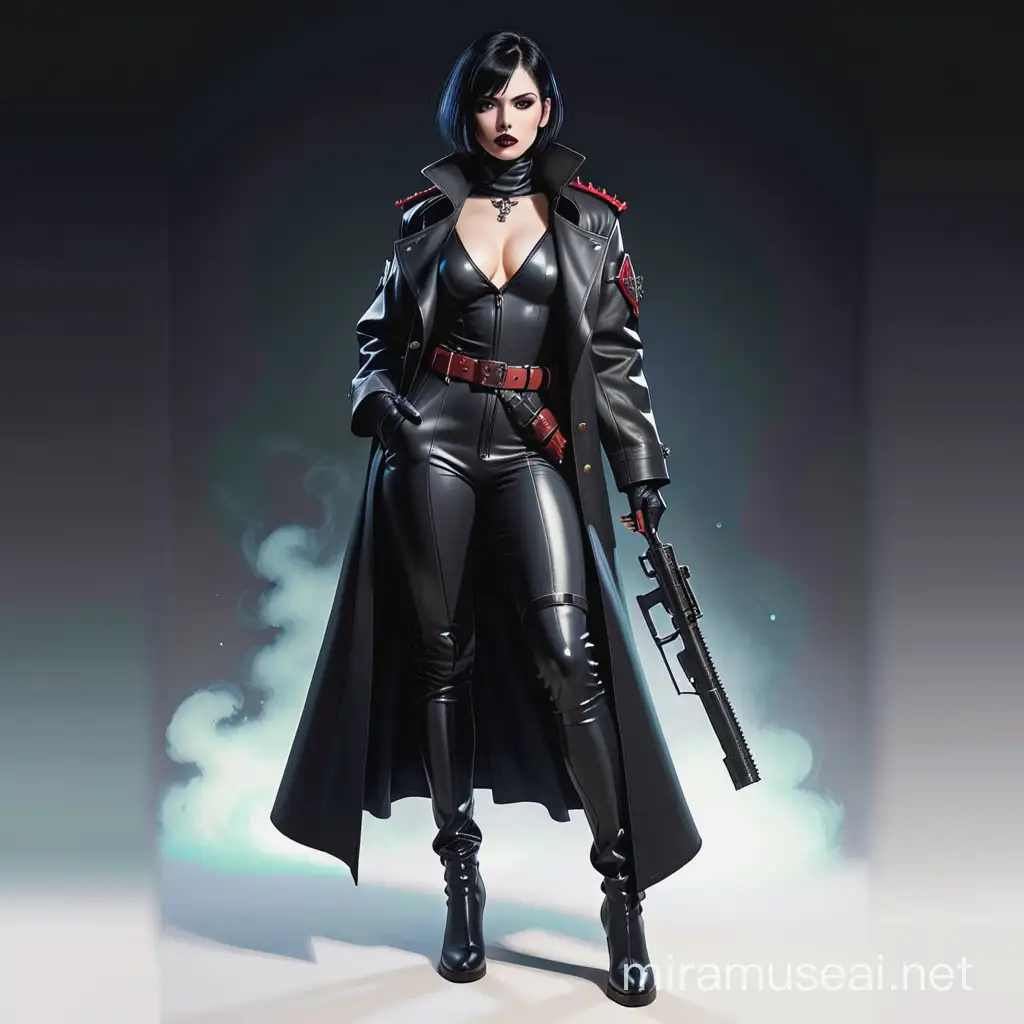 Warhammer 40k crimelord woman. She has short black hair. She wears a long coat over her black latex turtleneck catsuit. She wears a belt with a lot of pockets and weapons attached to it. She has a crazy look in her eyes, but is beautiul. She wears dark lipstick. Fullbody image