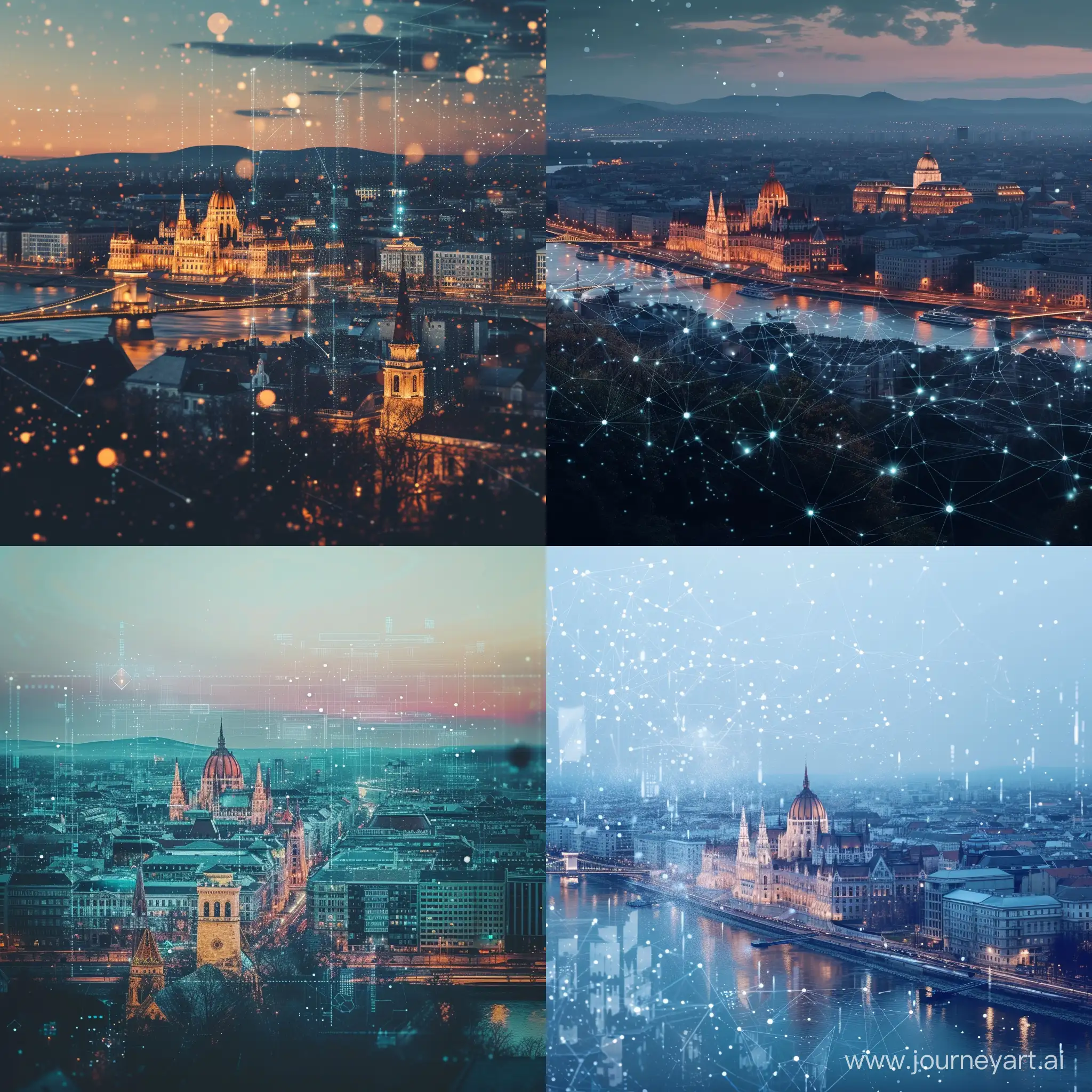 budapest skyline with AI algorythms merging with the skyline