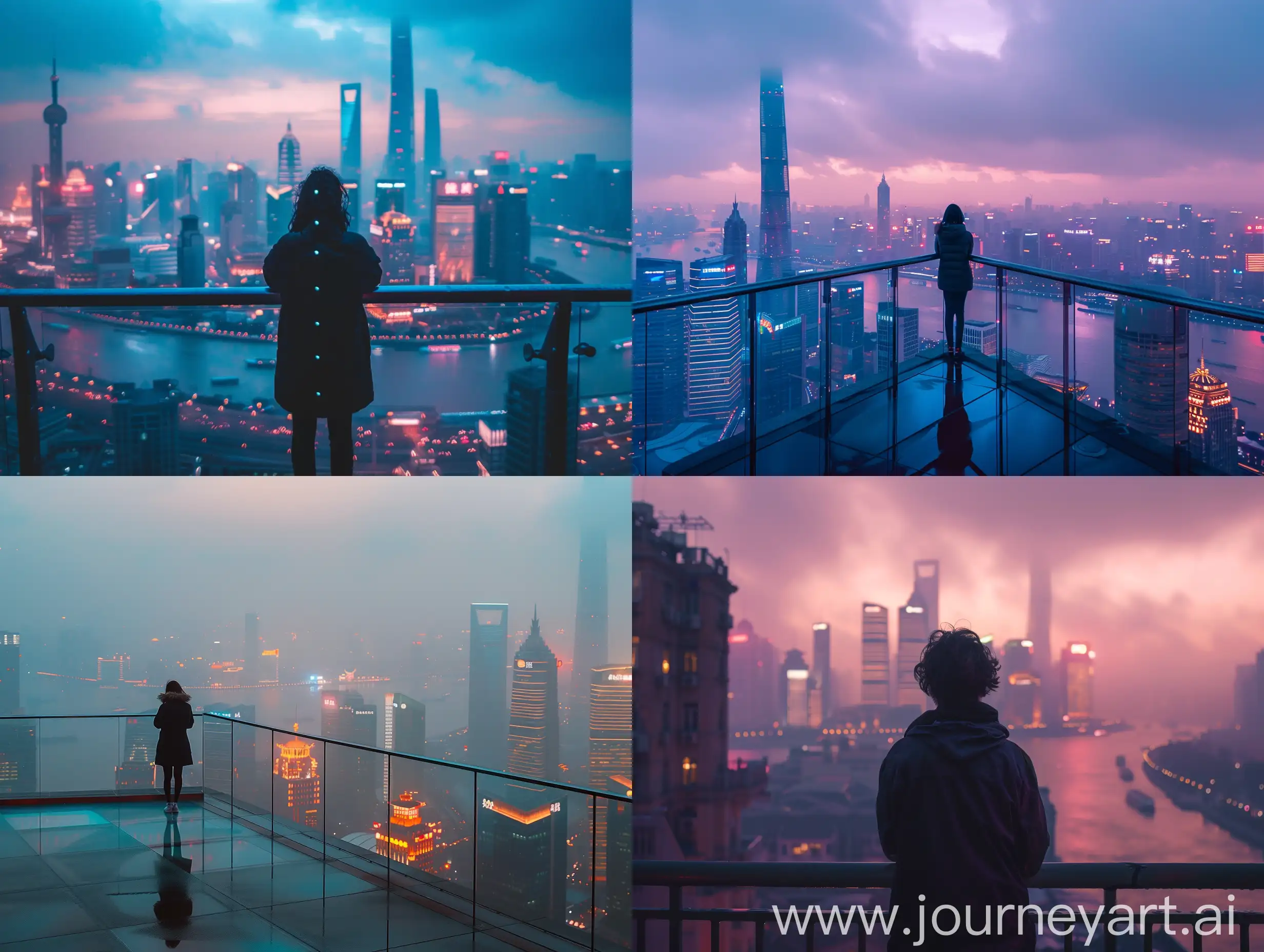  photo of a person standing on the balcony, soft lighting, style raw posted on reddit in 2019,, environment, looking at a city, shanghai