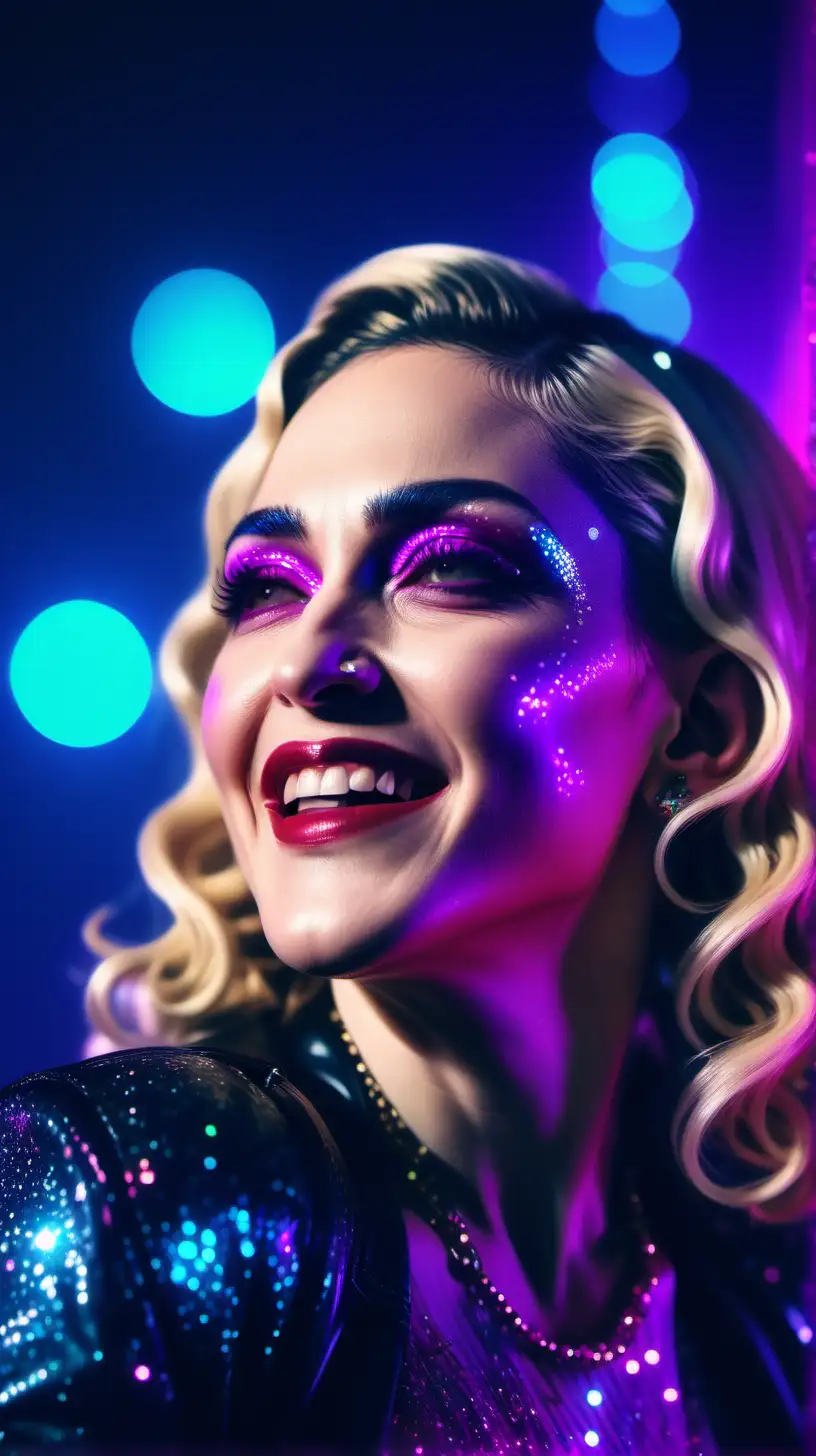 Party portrait of Madonna from profile at a modern crazy party, laughing face,  neon synthwave attire, sparkles and glitter in the environment, Bokeh quality, Blurred background, realistic --style raw --s 300 --ar 9:16 --v 6.0