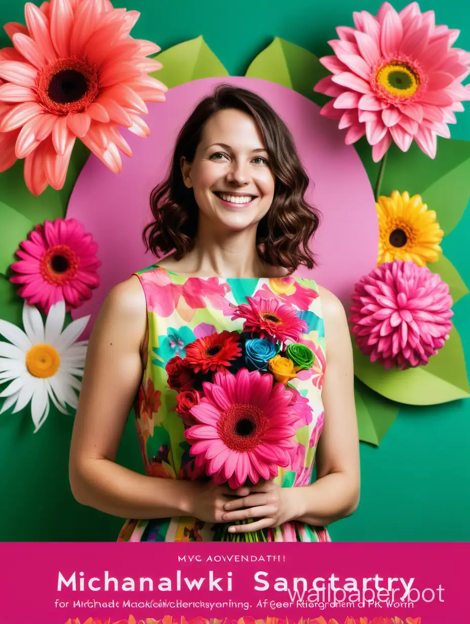 The collage-like, colorful background depicts floral motifs. In the foreground, there is a smiling woman in a dress, holding flowers in her hands. Next to her, there is space for a description informing about developmental workshops for women at the Michalicki Sanctuary. The poster maintains a bright, cheerful color scheme with accents of pink and green.