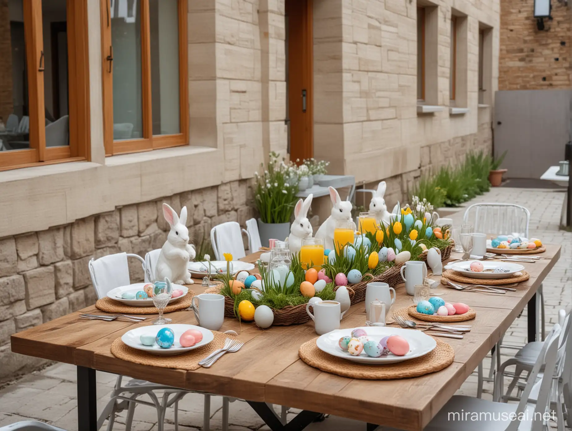 Easter Celebration Table with Bunnies and Eggs in Modern Courtyard
