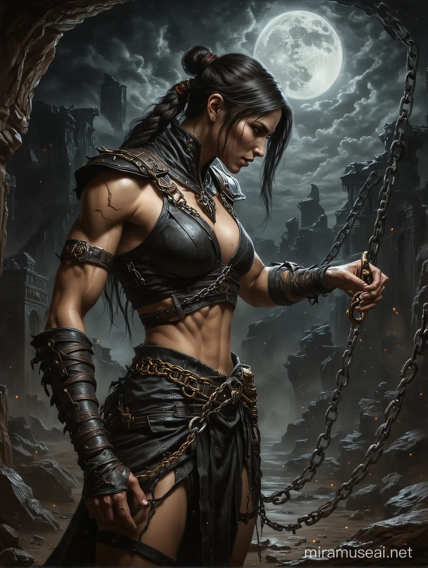 Scorpion from Mortal Kombat X Holding Chain in Earths Darkness with Lilith Baroque Oil Painting