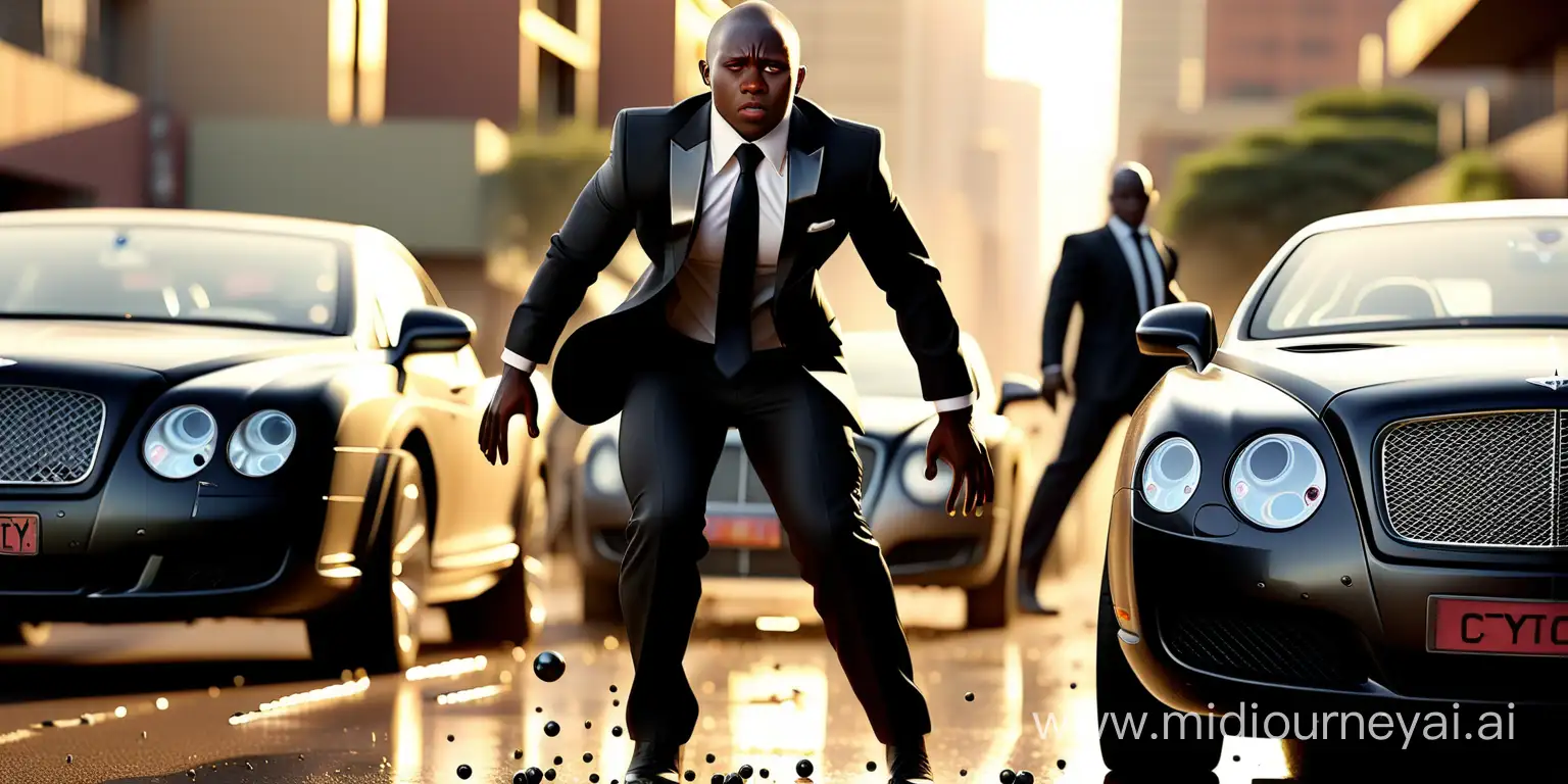 Bodyguard dressed in black suit, African, Johannesburg, sexy crime, noir, cinematic, protecting young girl in dress from flying bullets, taking cover behind a black Bentley, Cinematic, Bodyguards in background, golden hour, lens flare, young girl saved from traffickers, Johannesburg skyline in background, taking cover on ground, glass raining down, man on fire, shoot out in background
