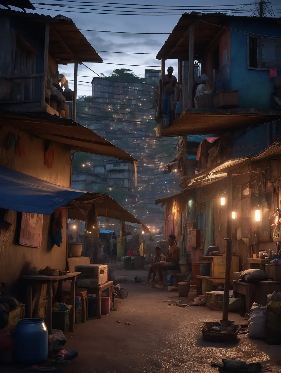 HyperRealistic Dusk Scene of Brazil Slum Squatter with Cinematic Lighting