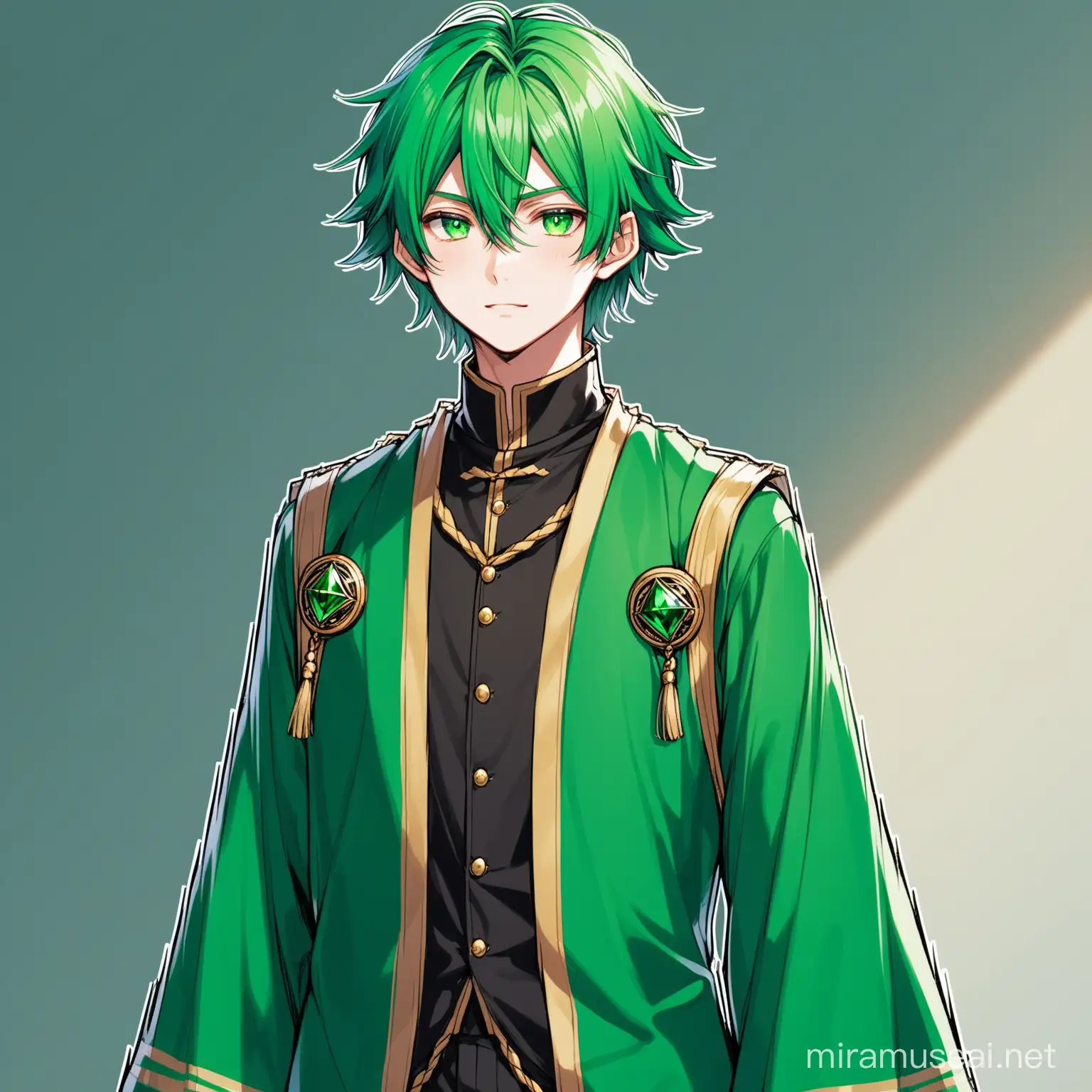 A Green Haired Male who has Emerald colored eyes and looks like 21 years old, wears an outfit that is similar to magic academy students with the color of Black and Green.
