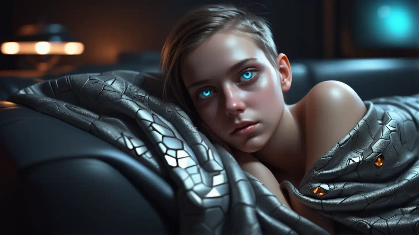 Futuristic Android Girl Relaxing on Stylish Couch with JewelLike Bionic Eyes