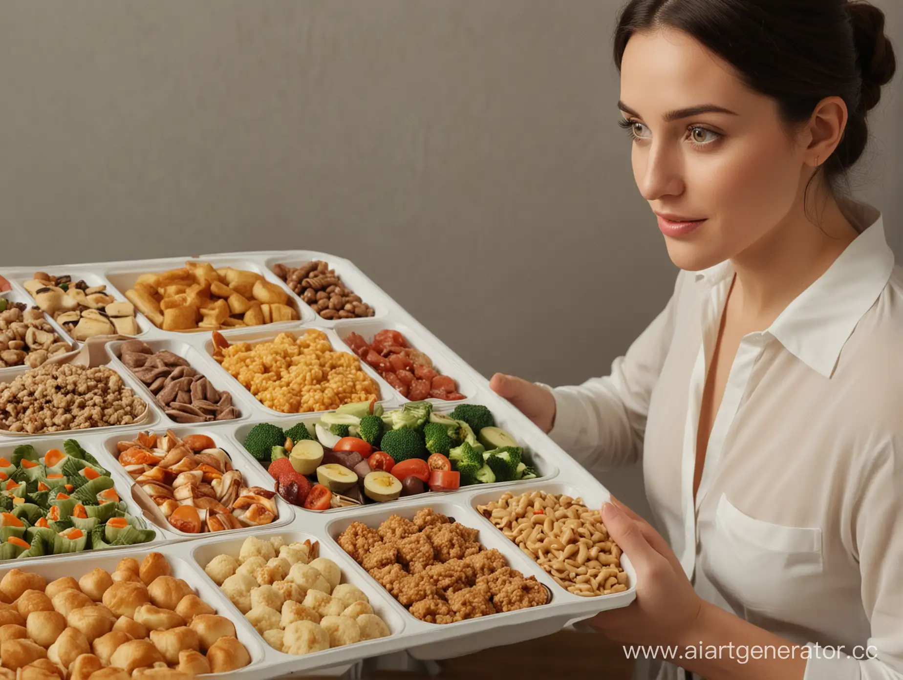 Woman-Contemplating-Assorted-Food-Tray