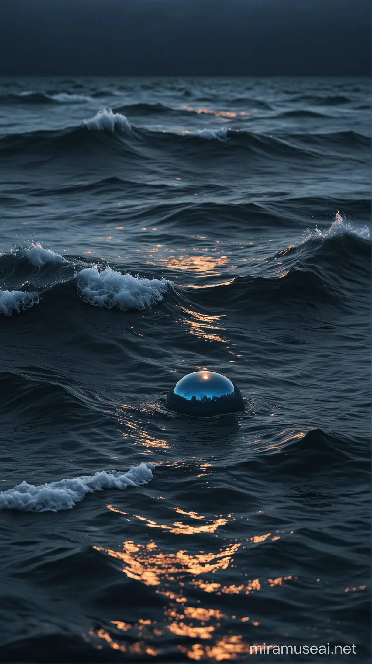 небольшой круглый предмет, плывет по поверхности темного синего штормового моря, светится цветным, реалистично, мрачная атмосфера, мистика