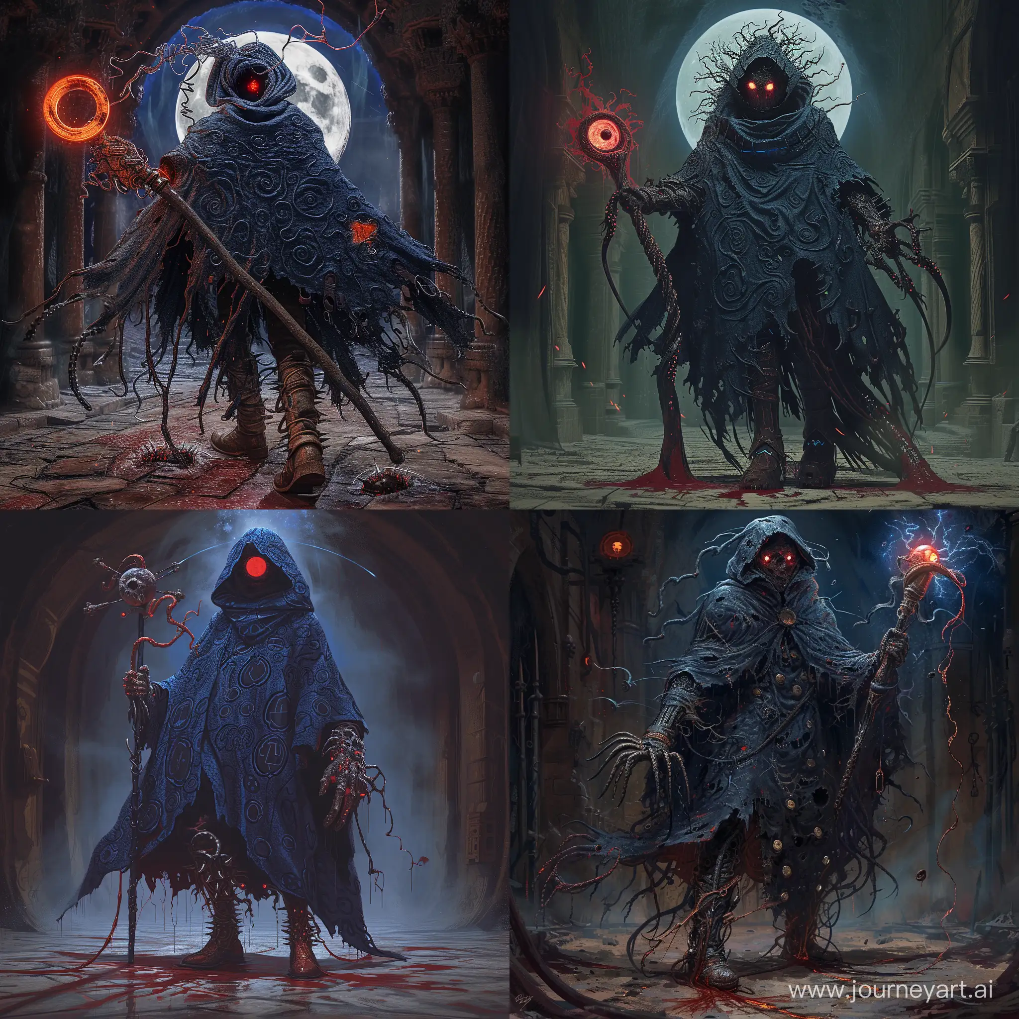 a man wearing, Deep abyss-blue cloak with chaotic, swirling patterns, Gauntlets with tentacle-like appendages, Boots with spiked soles leaving ominous footprints, plague doctor mask with glowing red eyes, wielding a staff channeling eldritch powers, standing in a cult like place, blood moon,  bloodborne aesthetic, 1970's dark fantasy, detailed, cosmic horror, gritty, dark lighting, edgy, blood on weapon, 64 bit