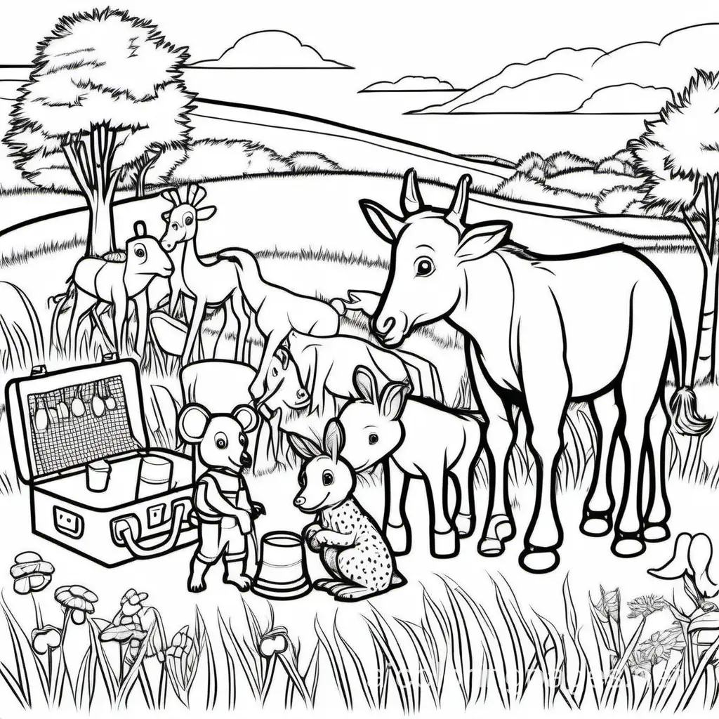 Meadow Picnic: Animals joining the explorer for a picnic., Coloring Page, black and white, line art, white background, Simplicity, Ample White Space. The background of the coloring page is plain white to make it easy for young children to color within the lines. The outlines of all the subjects are easy to distinguish, making it simple for kids to color without too much difficulty