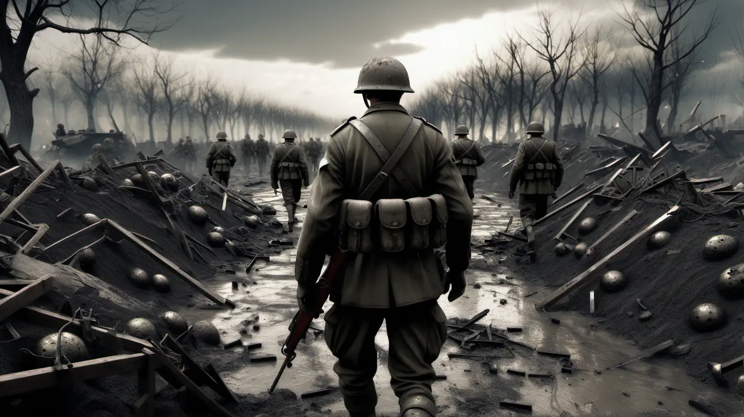Generate a 8K hyperrealistic image of an unkillable solider in the First World War, with Unreal Engine v5 rendering capturing the devastation and chaos of the scene. Ensure the 3D rendering is highly detailed, showcasing the muddy trenches, barbed wire entanglements, and shell craters littering the landscape. Utilize HDR lighting to enhance the grim atmosphere, with photorealistic textures conveying the brutality of warfare. Incorporate high-resolution elements of soldiers, equipment, and artillery strewn across the battlefield to add authenticity to the scene. The image should evoke a sense of despair and tragedy as it portrays the harsh realities of war