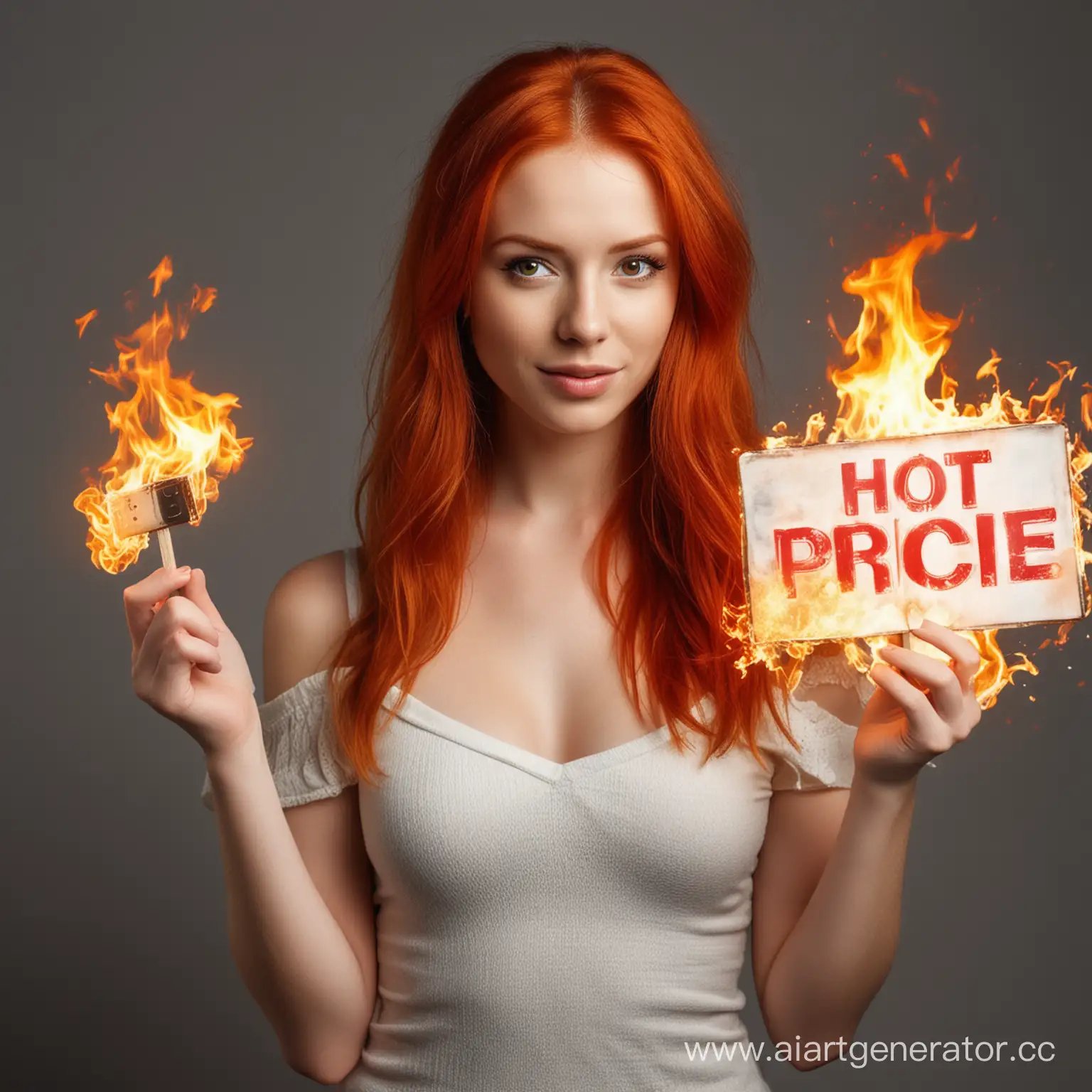 Красивая рыжая девушка с горящей табличной в руках. На табличке надпись - горячая цена