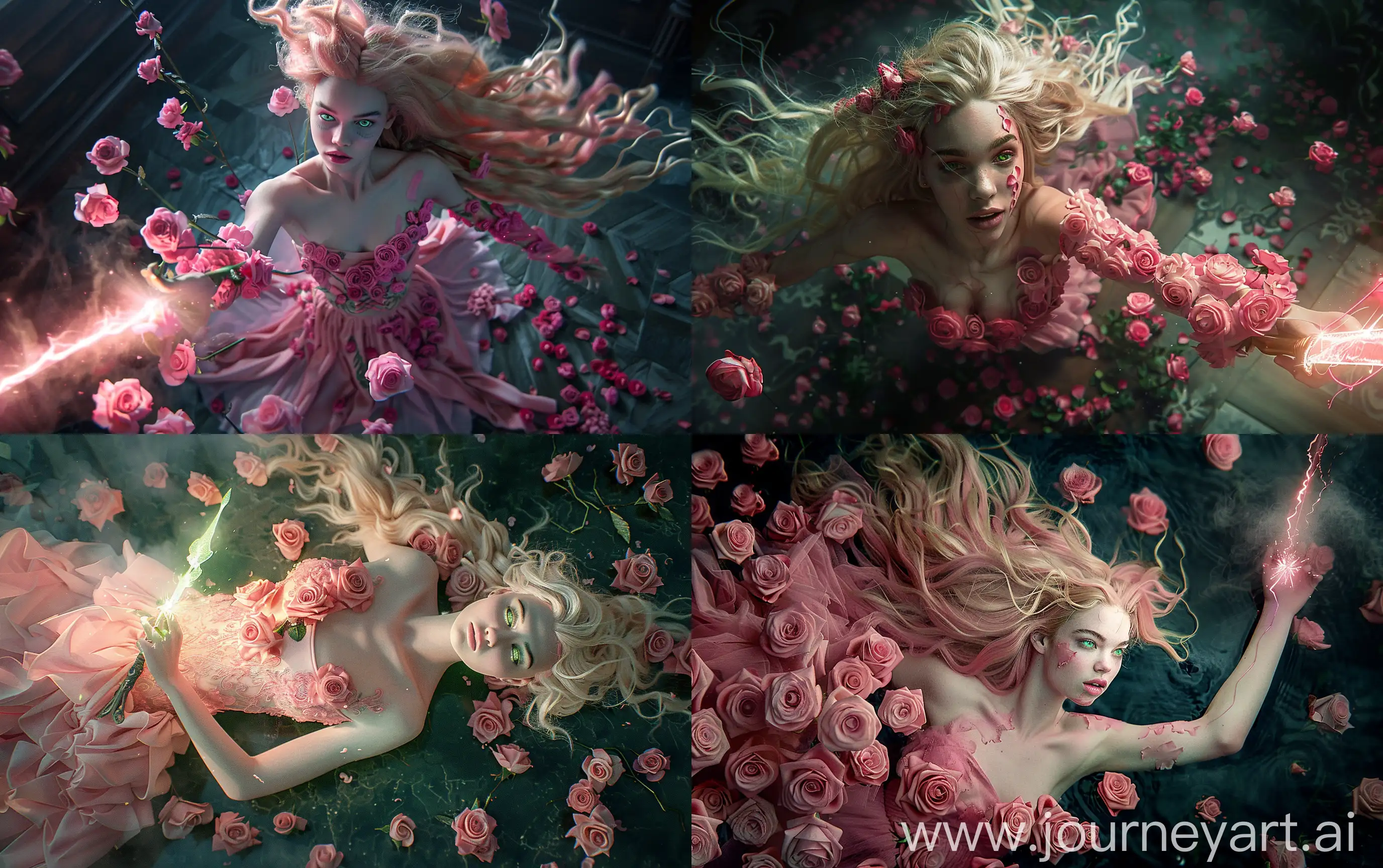 Enchanting-Rosehaired-Model-Descending-with-Glowing-Blade-amidst-Mystical-Roses