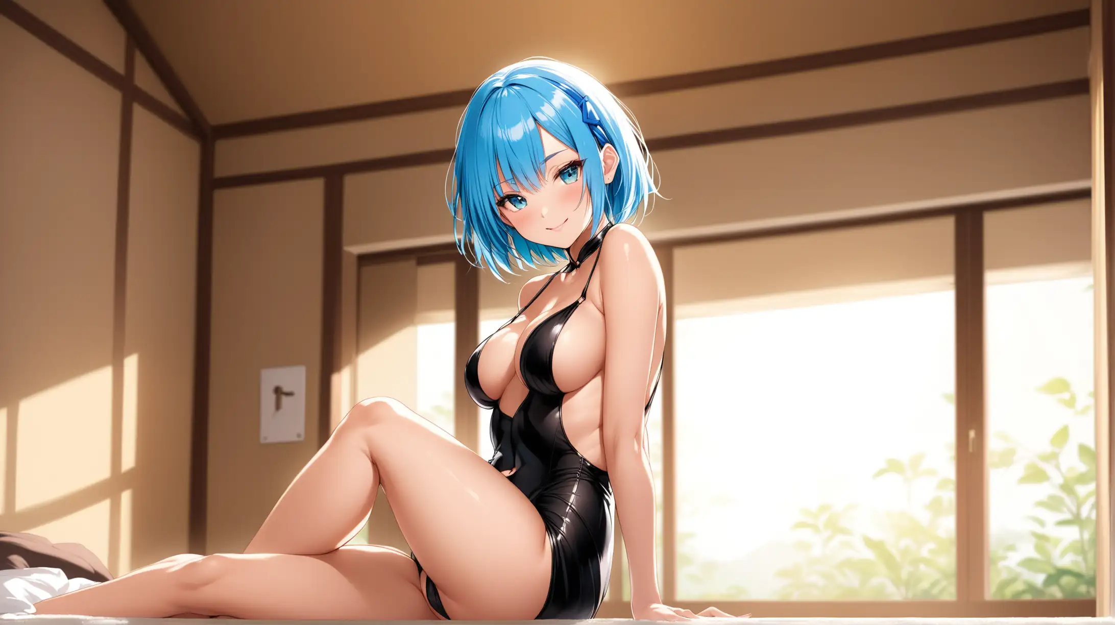 Draw the character Rem, high quality, natural lighting, long shot, indoors, seductive pose, revealing outfit, erotic, smiling at the viewer