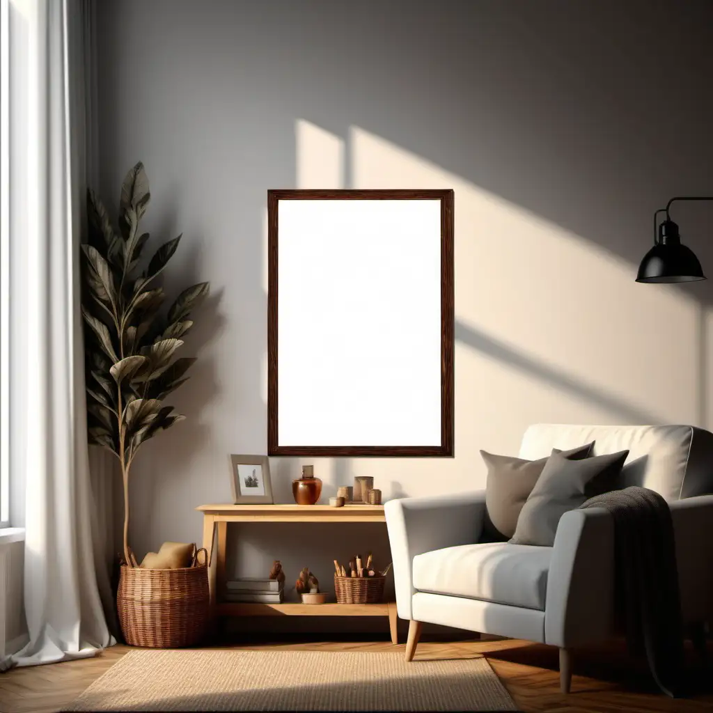 wooden poster white blank frame mockup, reflection, shadow overlay, cozy living room, farmhouse stlyle, warm room, 4K, exclude random objects,