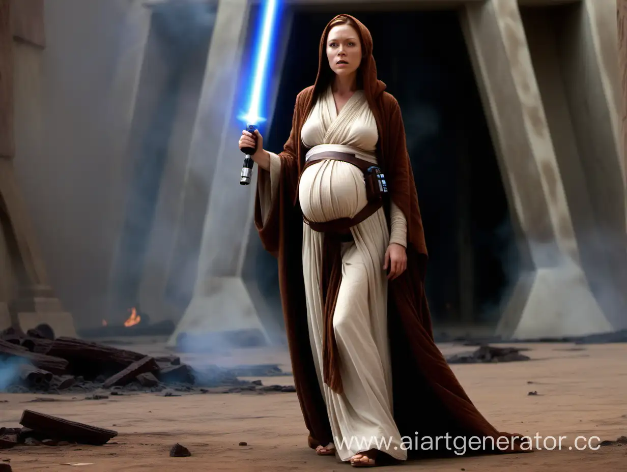 Fem Obi-Wan Kenobi Pregnant woman escapes from burning Jedi temple
