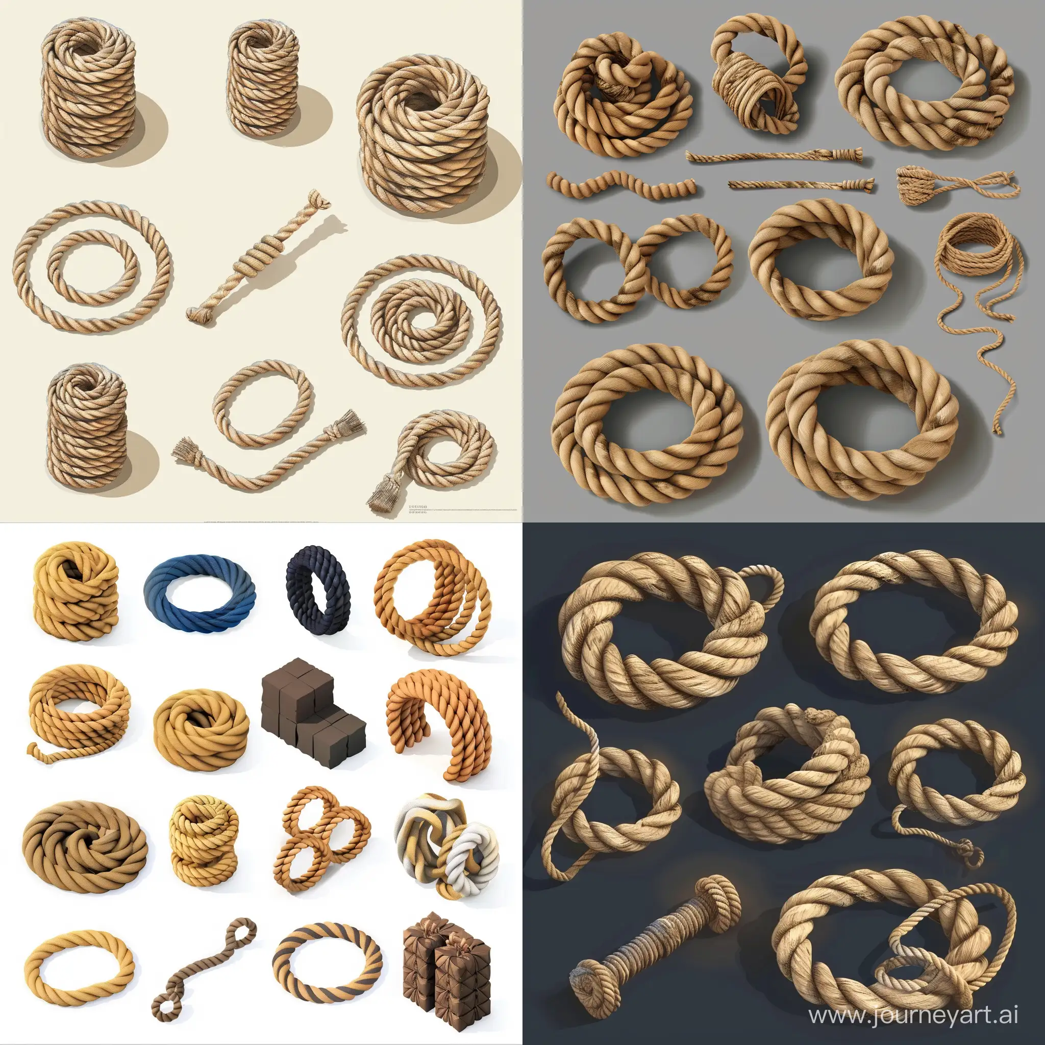 isometric vector clean set of 3d rendered worn very realistic coil of synthetic rope, isometric set