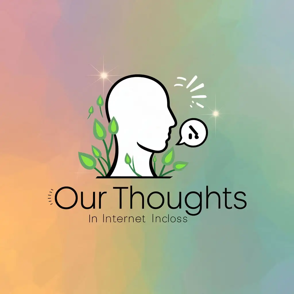 logo, A simple and minimal logo of a faceless human head that is talking and the sign of message and talking is located next to its head. There are beautiful green buds of intellectual growth around him and shine is also around him. Also, different pastel colors can be seen in its background., with the text "Our thoughts", typography, be used in Internet industry