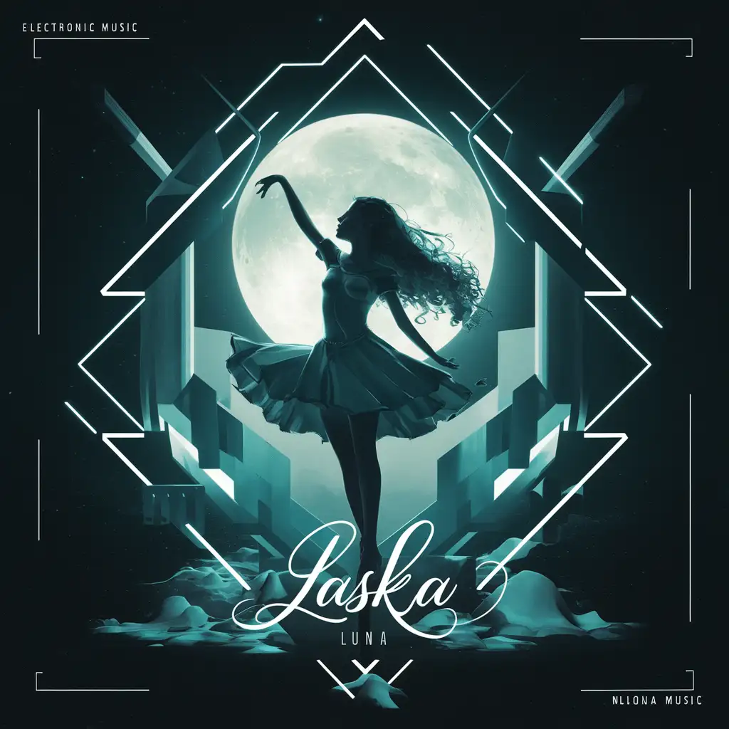 electronic music album cover, girl silhouette, dancing under the moon, inscription "LasKa - Luna"
as album title