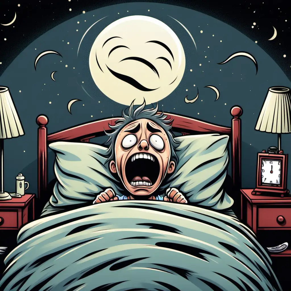 Startled Cartoon Character Waking Up from a Nightmarish Dream